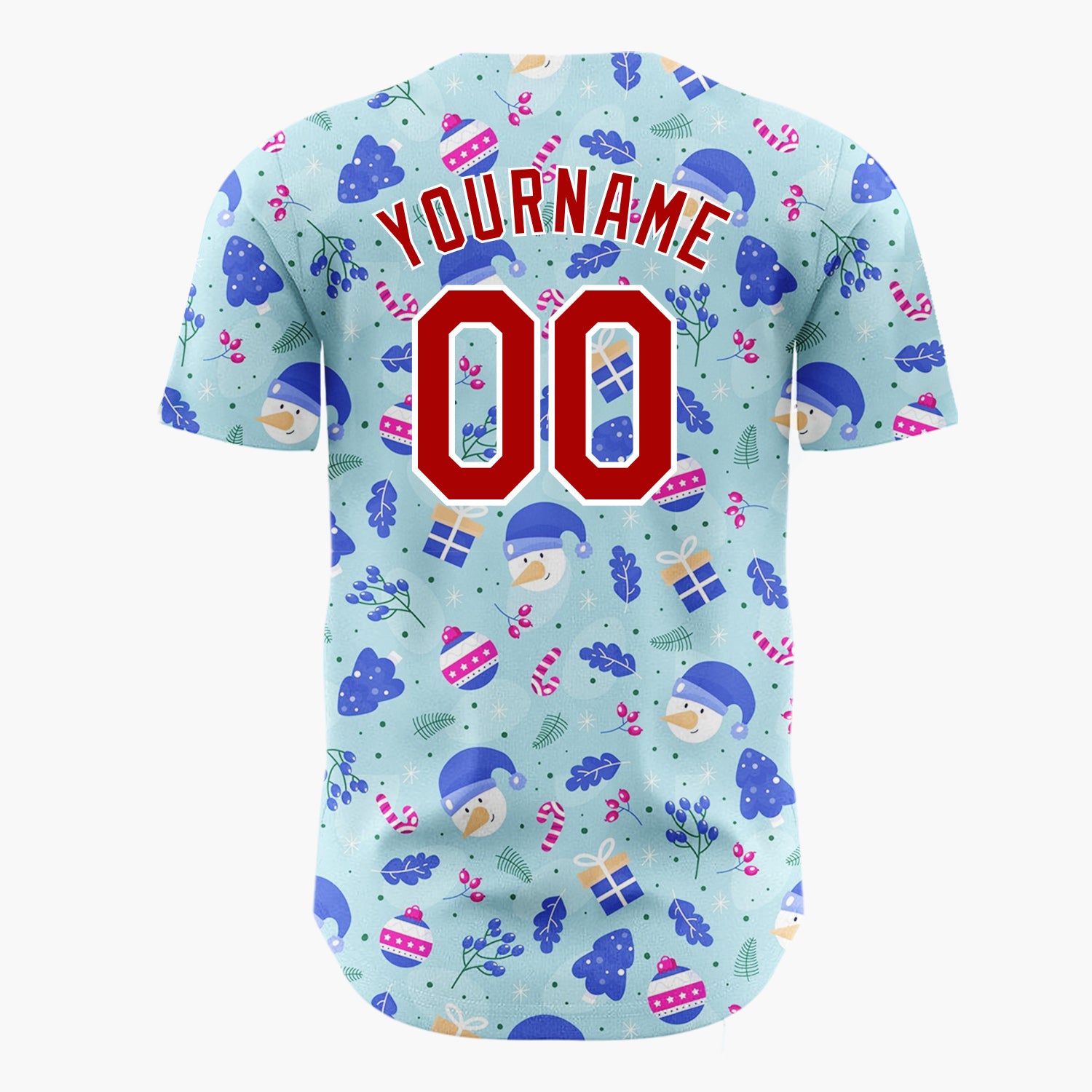 Custom Light Blue Dark Blue White Snowman And Trees Christmas Baseball Jersey