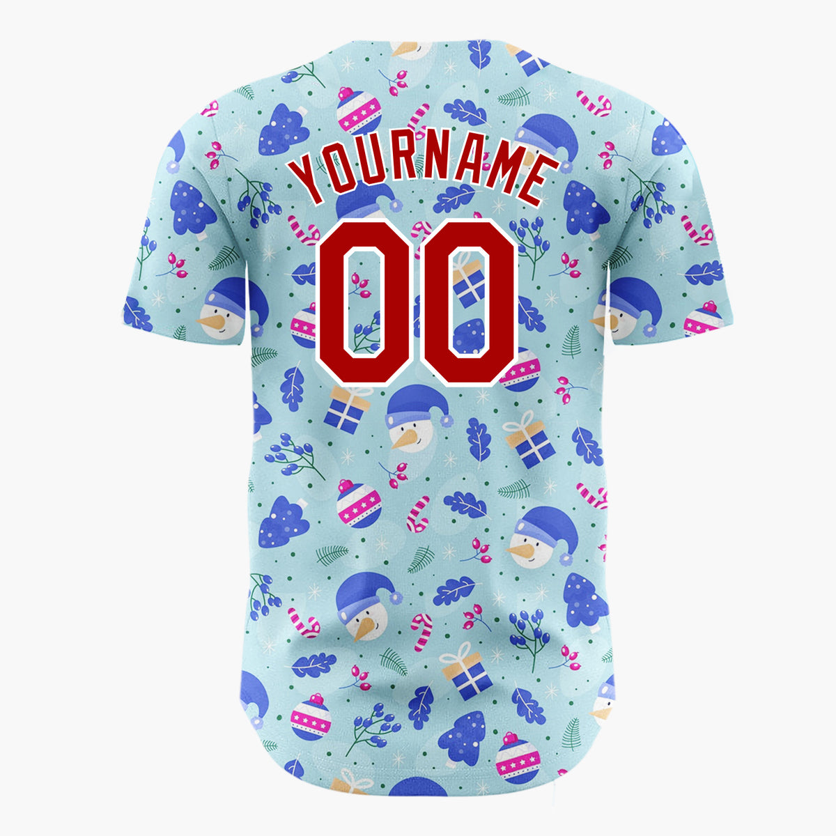 Custom Light Blue Dark Blue White Snowman And Trees Christmas Baseball Jersey