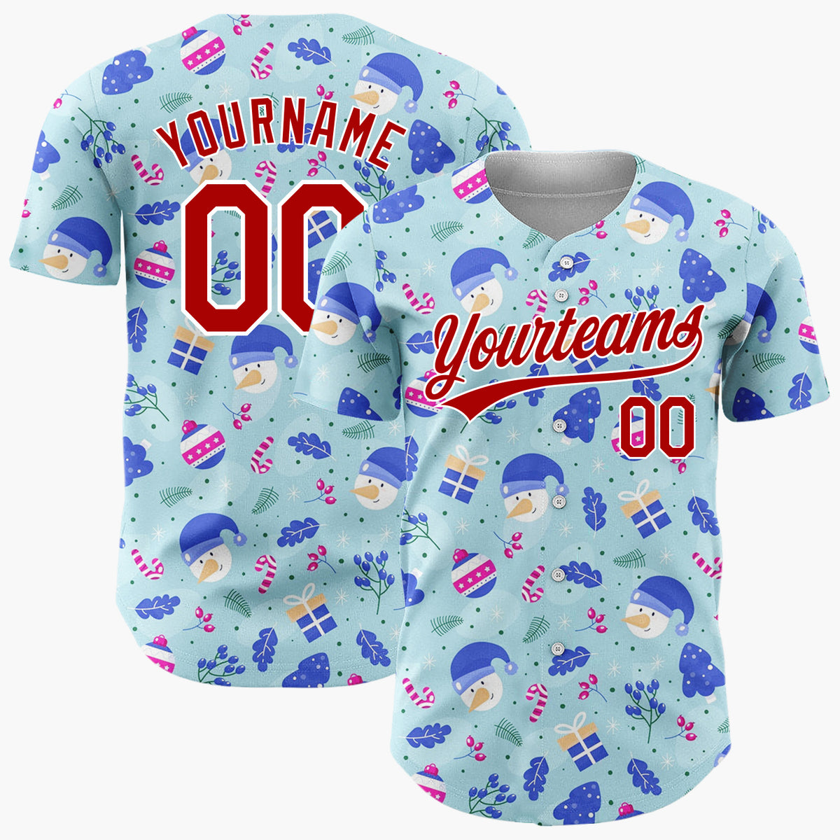 Custom Light Blue Dark Blue White Snowman And Trees Christmas Baseball Jersey