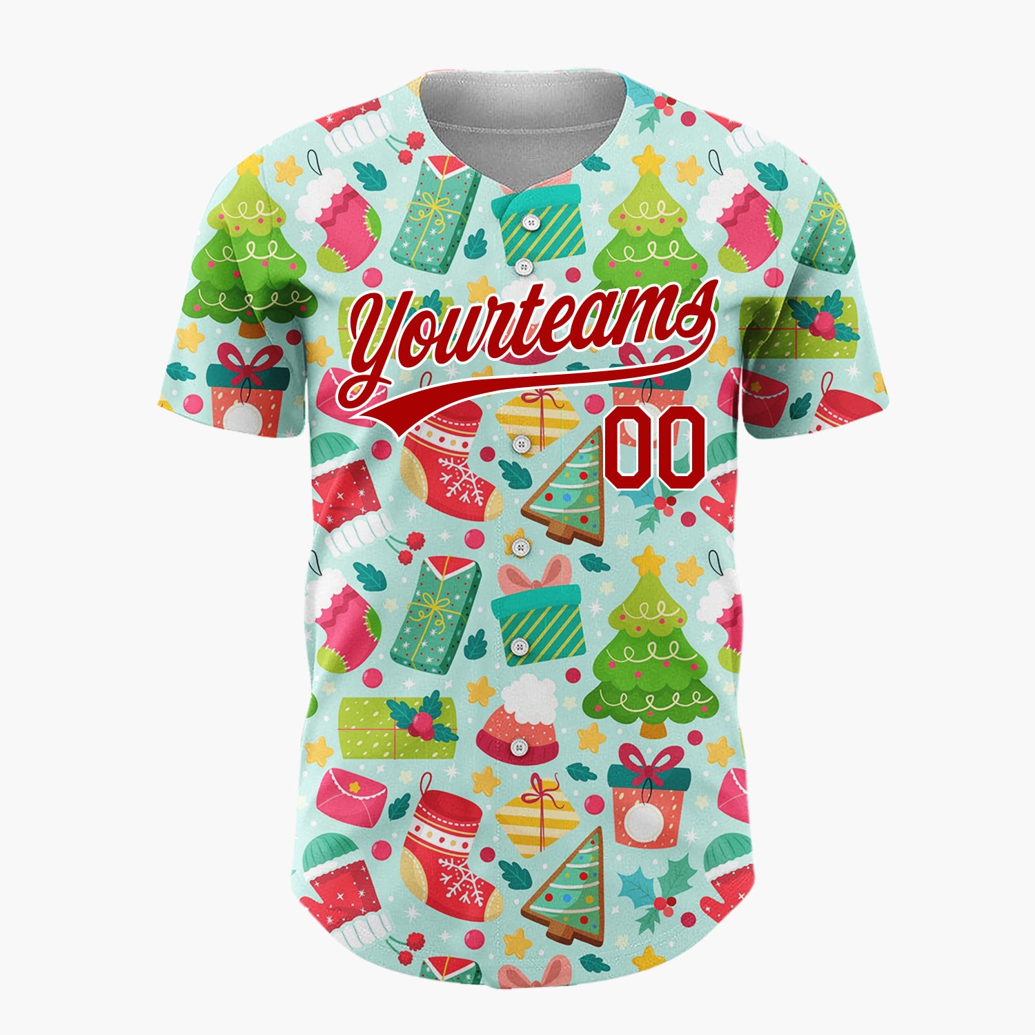 Custom Light Blue Green Red Trees Stockings And Gifts Bright Icon Pattern Christmas Baseball Jersey