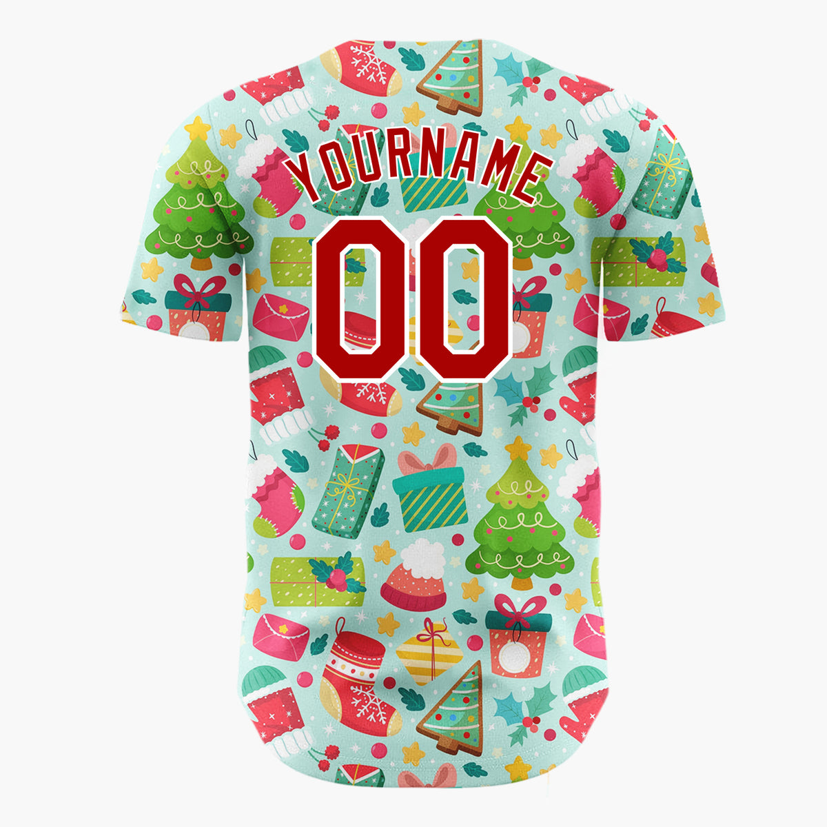 Custom Light Blue Green Red Trees Stockings And Gifts Bright Icon Pattern Christmas Baseball Jersey