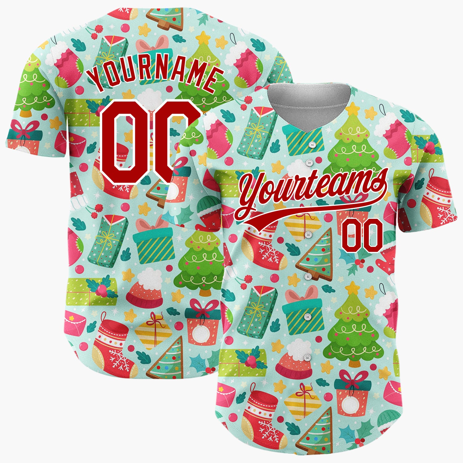 Custom Light Blue Green Red Trees Stockings And Gifts Bright Icon Pattern Christmas Baseball Jersey