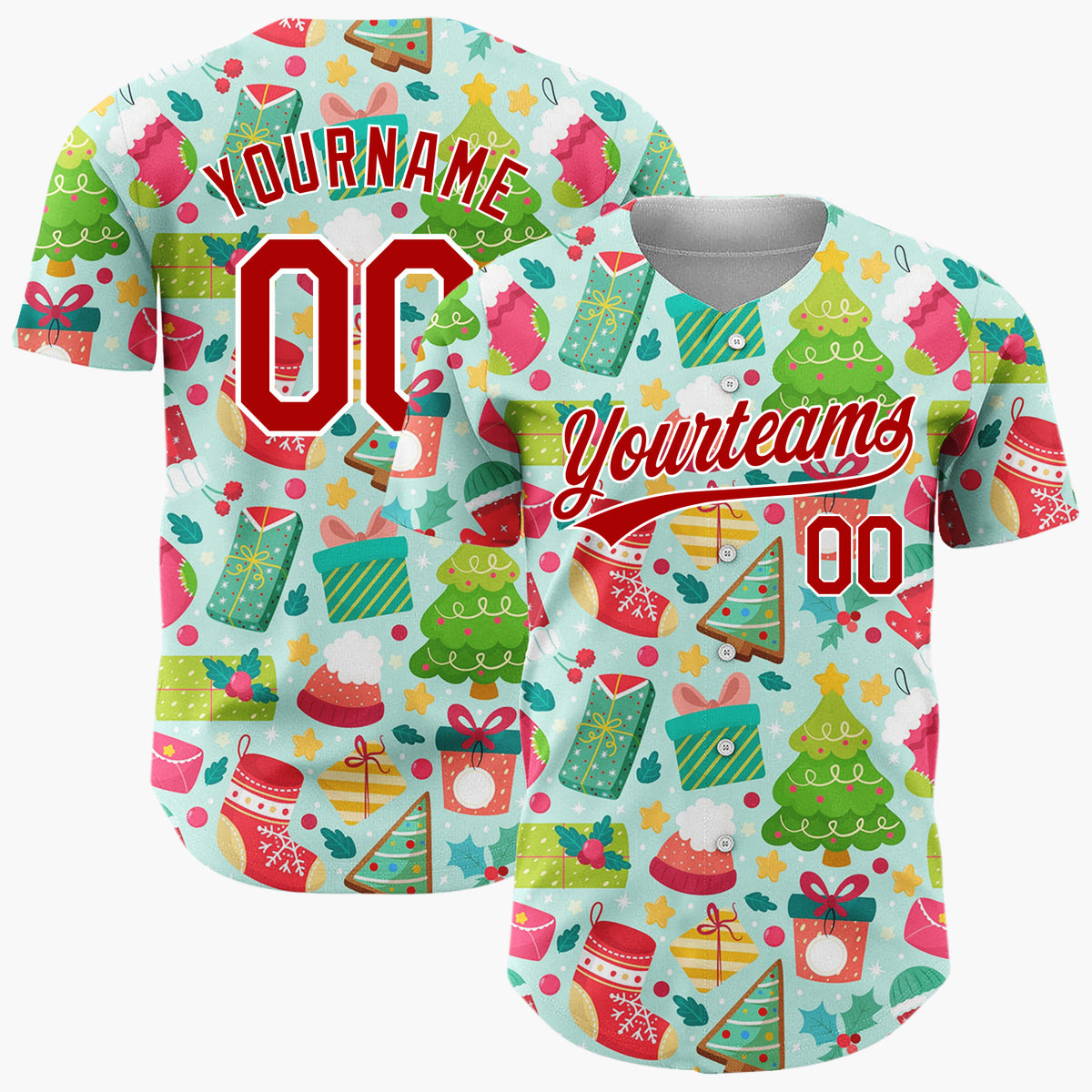 Custom Light Blue Green Red Trees Stockings And Gifts Bright Icon Pattern Christmas Baseball Jersey