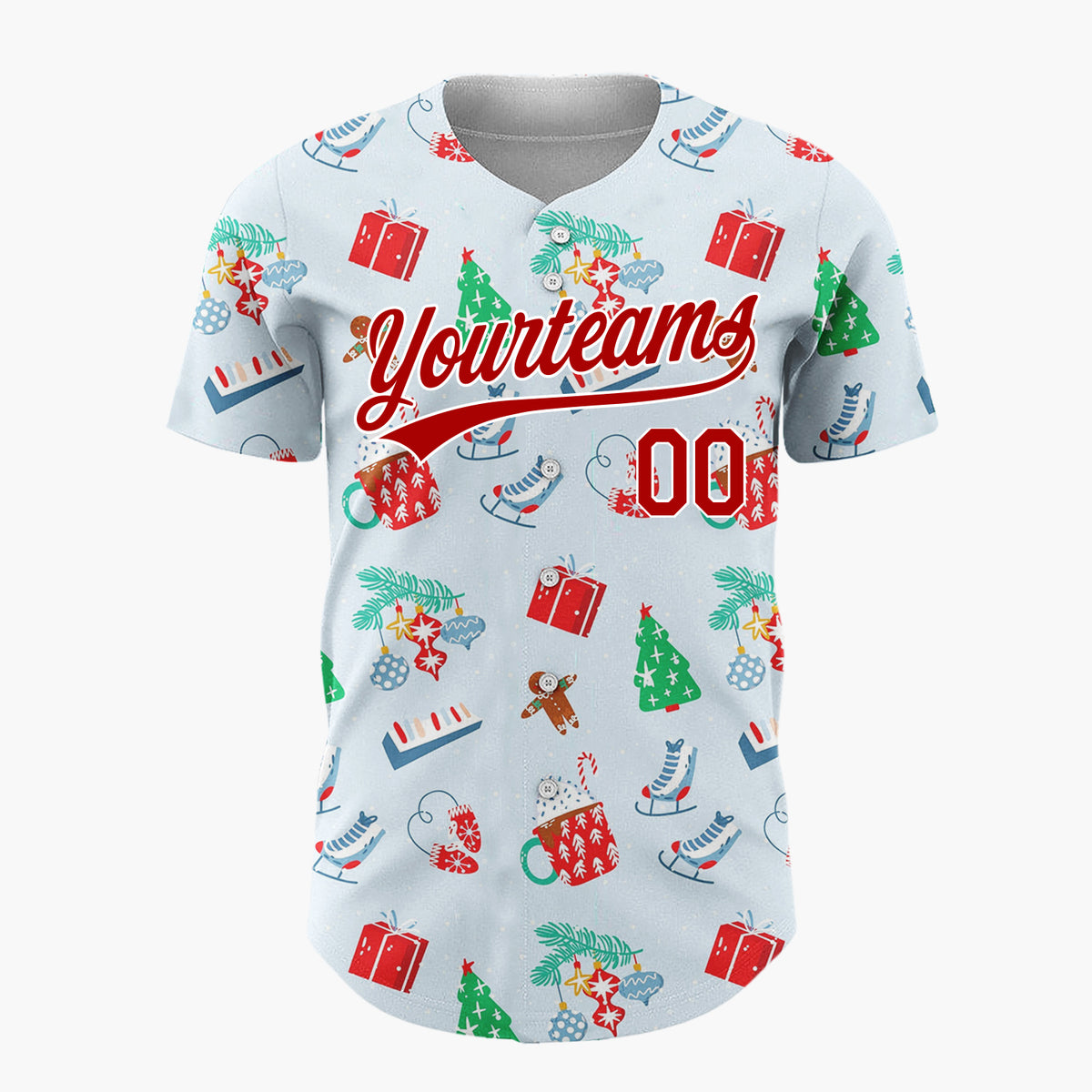 Custom Light Blue Red Cocoa Skate Gingerbread Christmas Baseball Jersey