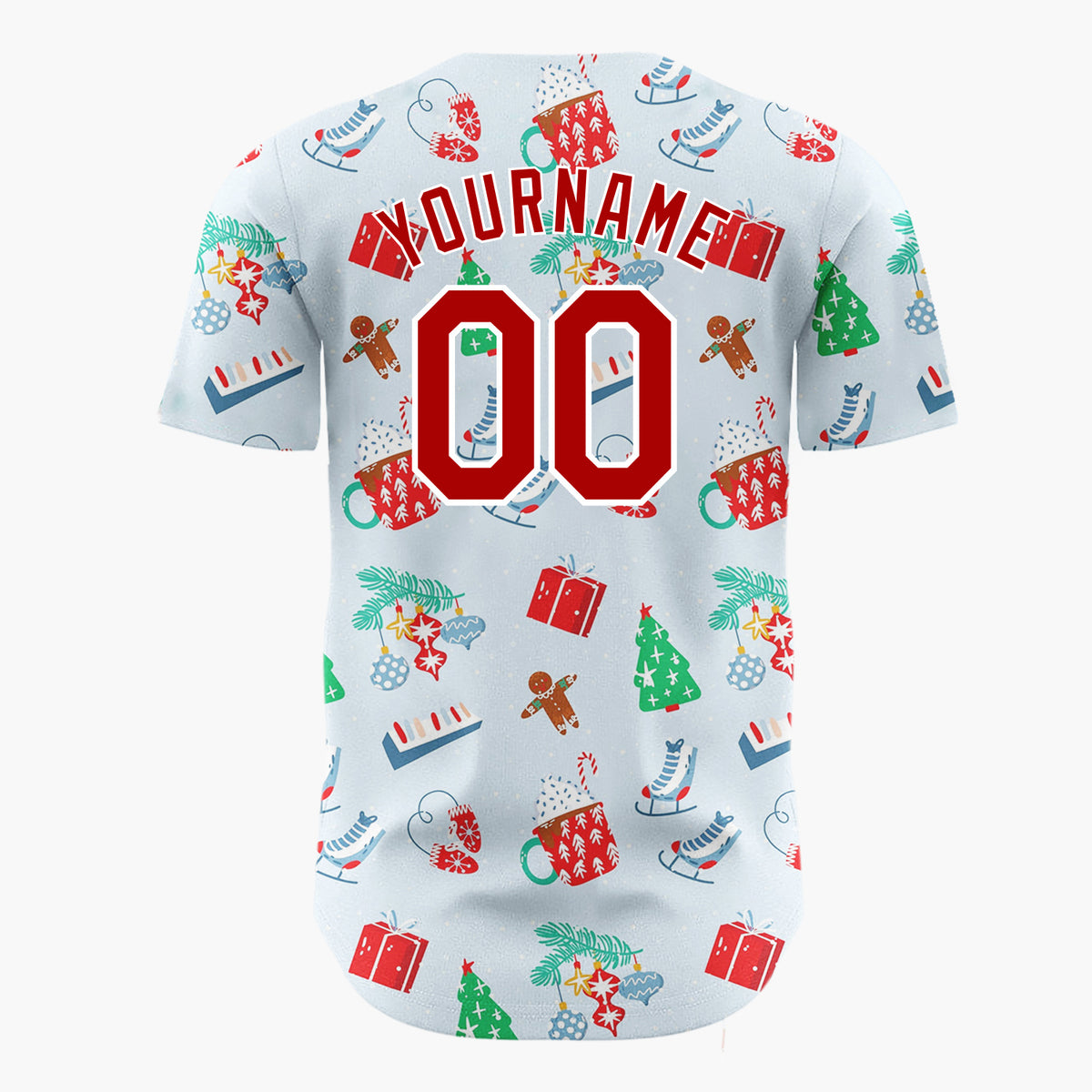 Custom Light Blue Red Cocoa Skate Gingerbread Christmas Baseball Jersey