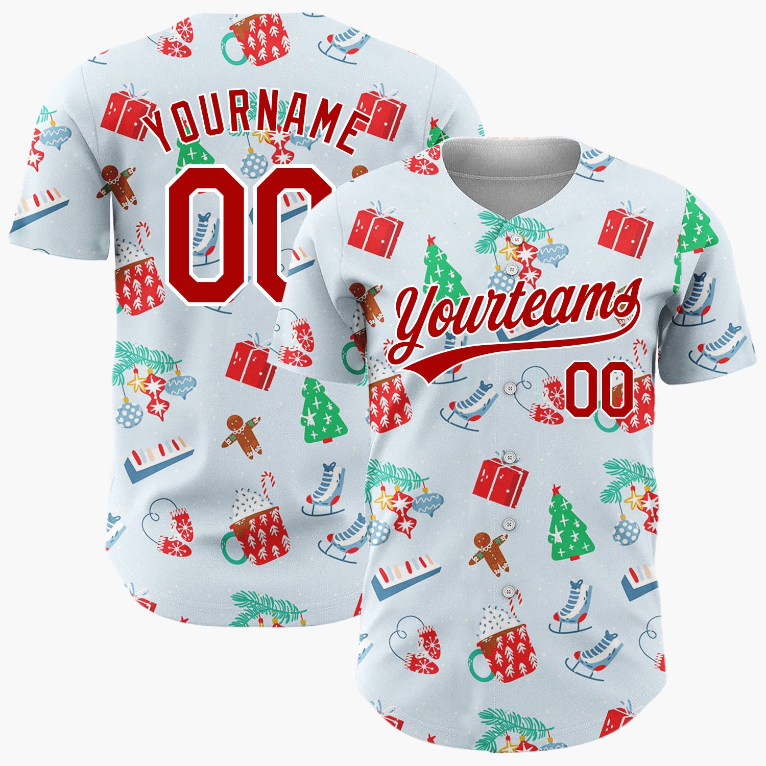 Custom Light Blue Red Cocoa Skate Gingerbread Christmas Baseball Jersey