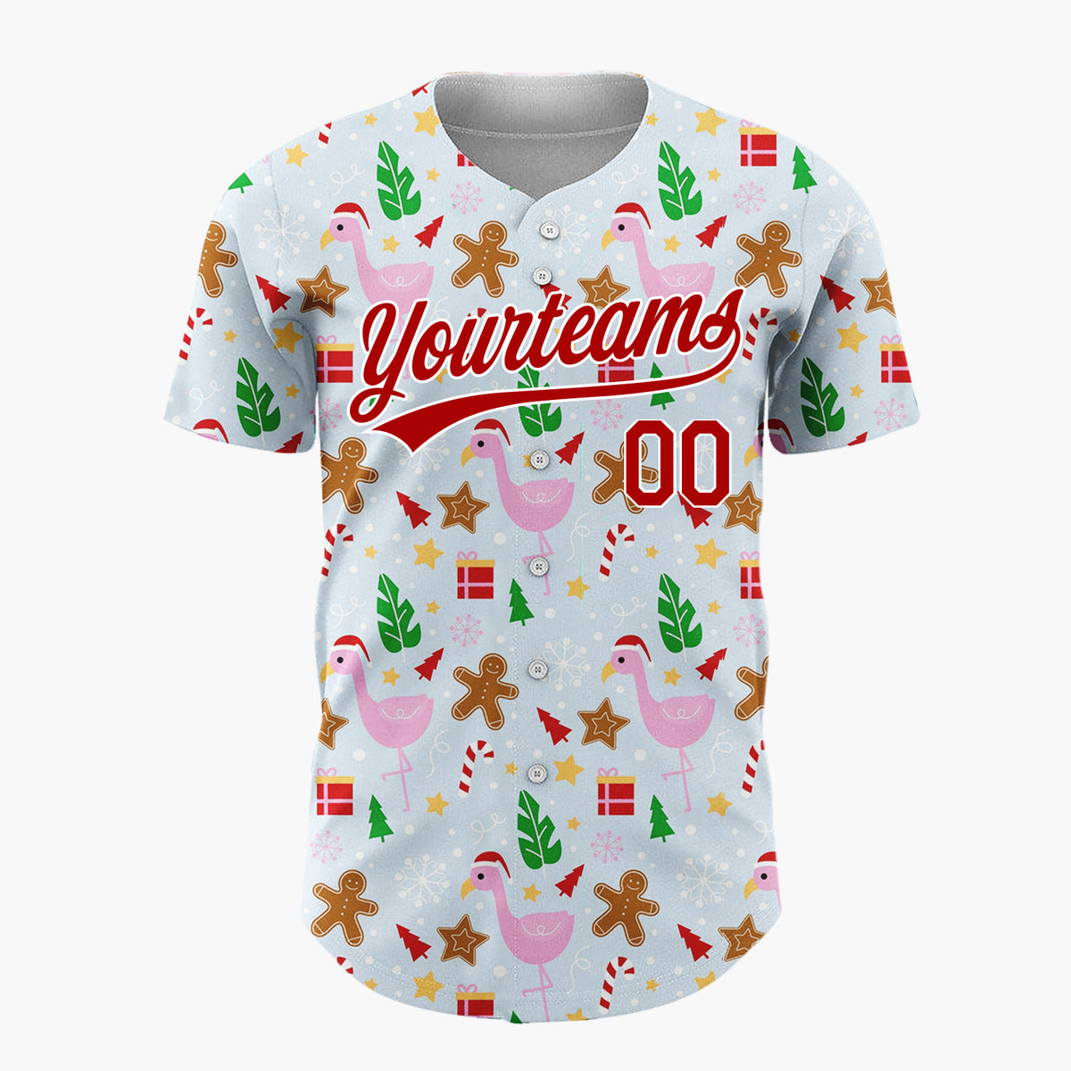 Custom Light Blue Pink Flamingo Gingerbread Summer Christmas Baseball Jersey