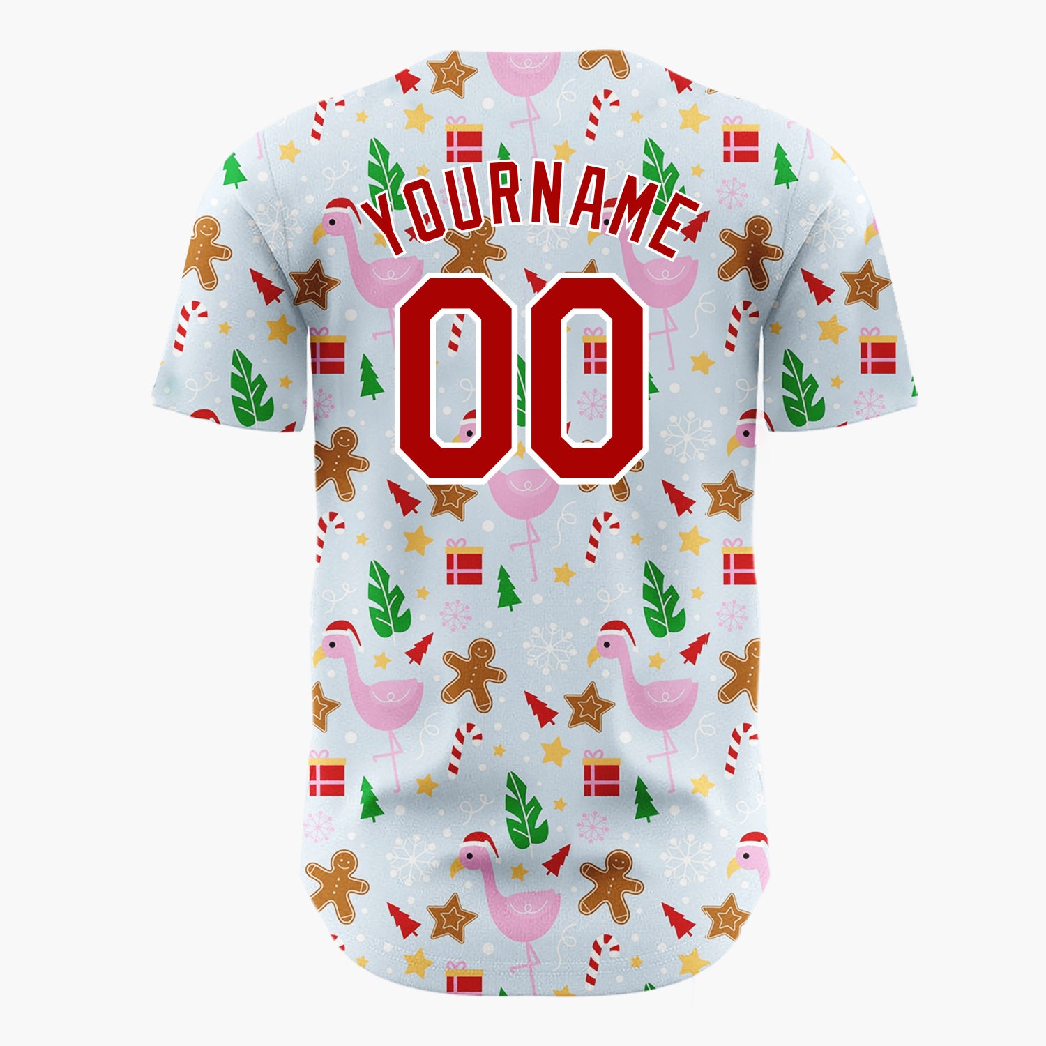 Custom Light Blue Pink Flamingo Gingerbread Summer Christmas Baseball Jersey