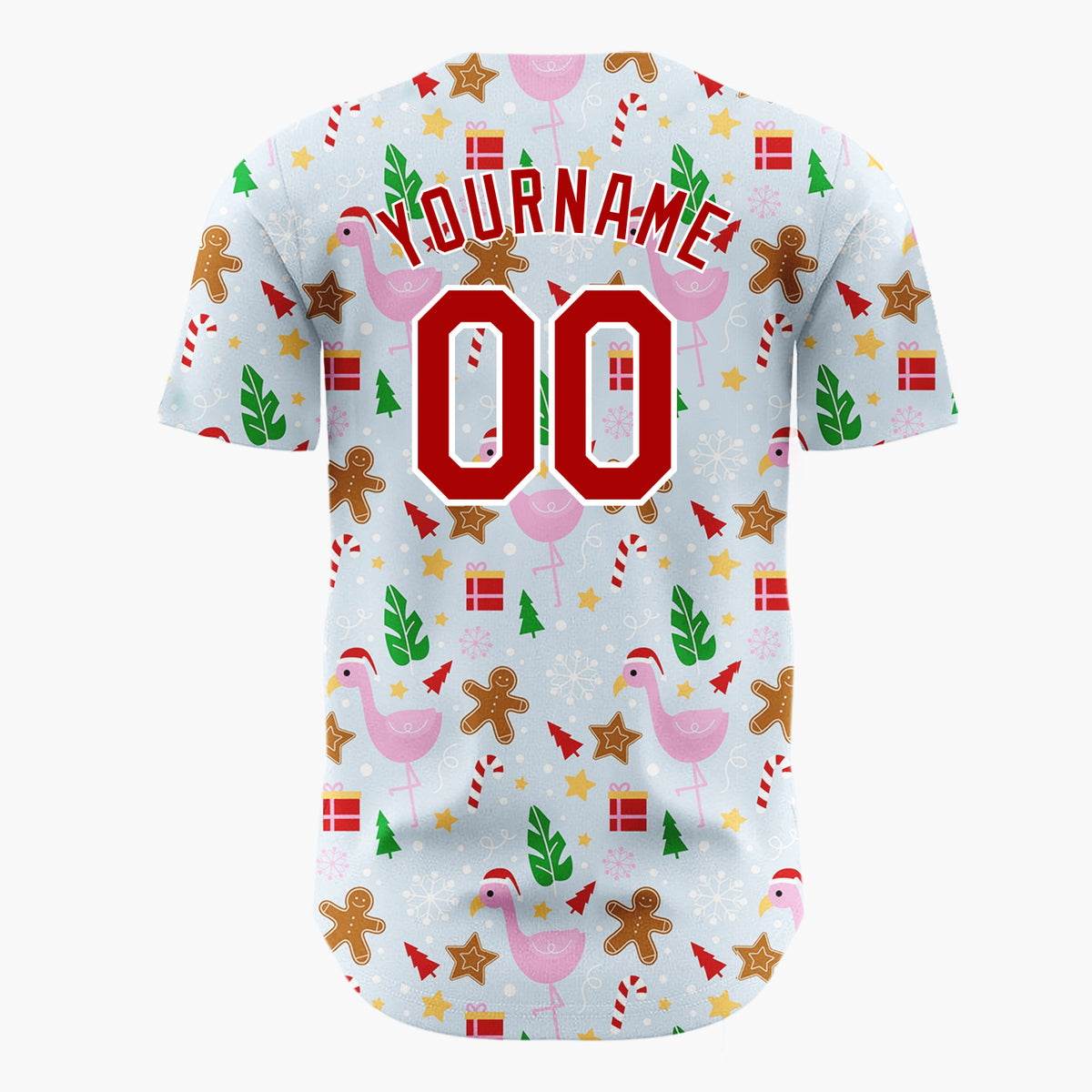 Custom Light Blue Pink Flamingo Gingerbread Summer Christmas Baseball Jersey