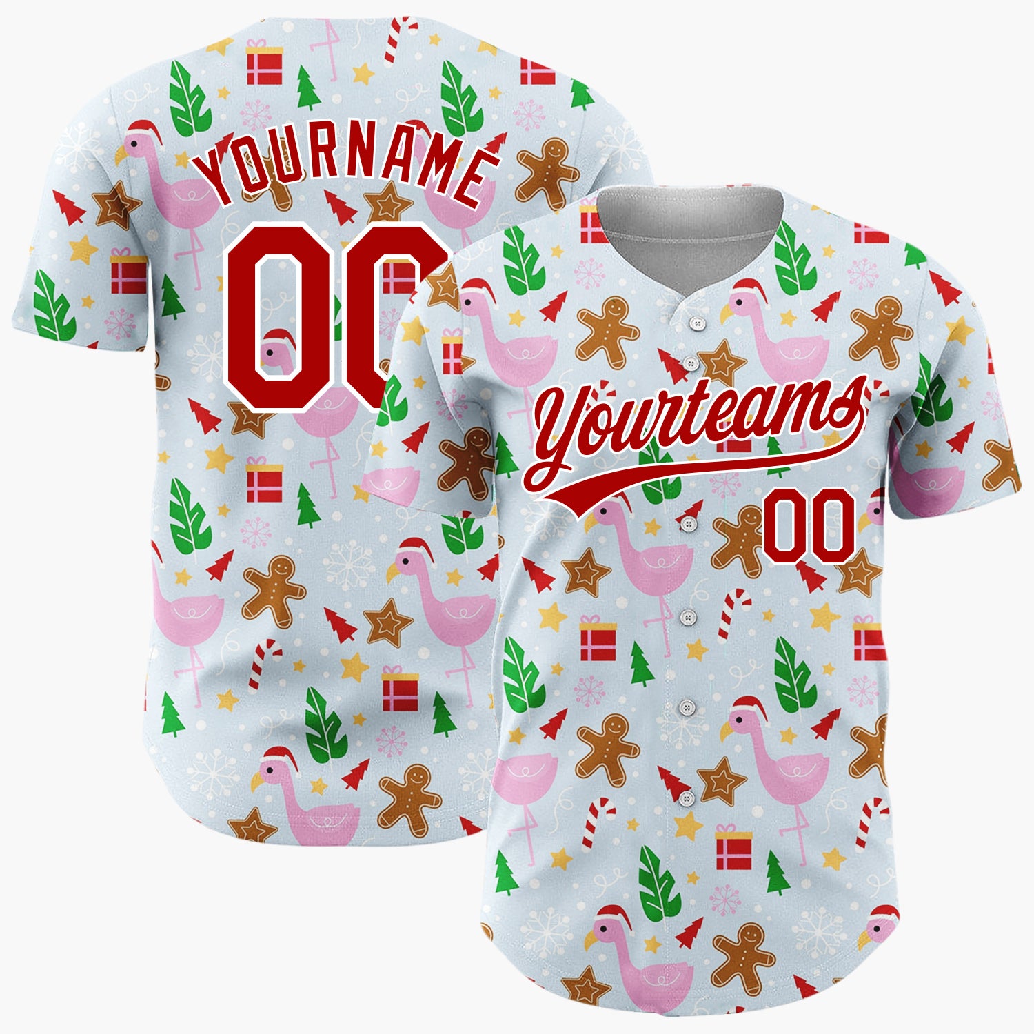Custom Light Blue Pink Flamingo Gingerbread Summer Christmas Baseball Jersey