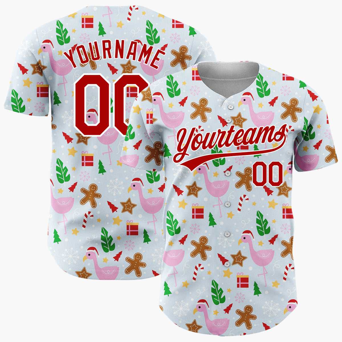 Custom Light Blue Pink Flamingo Gingerbread Summer Christmas Baseball Jersey