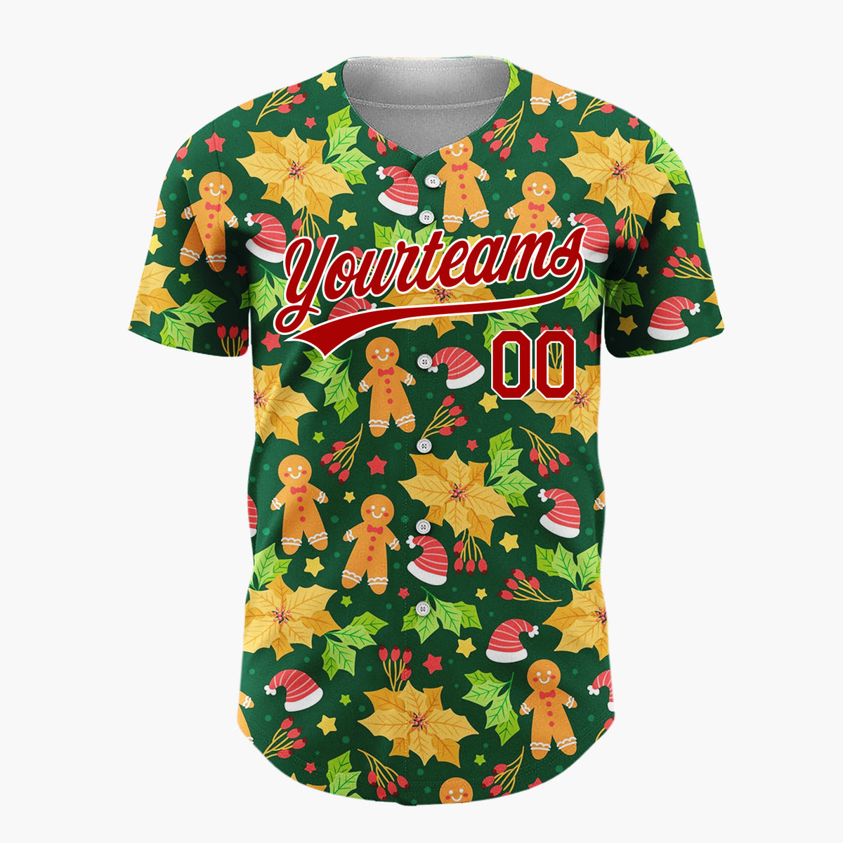 Custom Green Red Orange Gingerbread Hats And Holly Festive Christmas Baseball Jersey