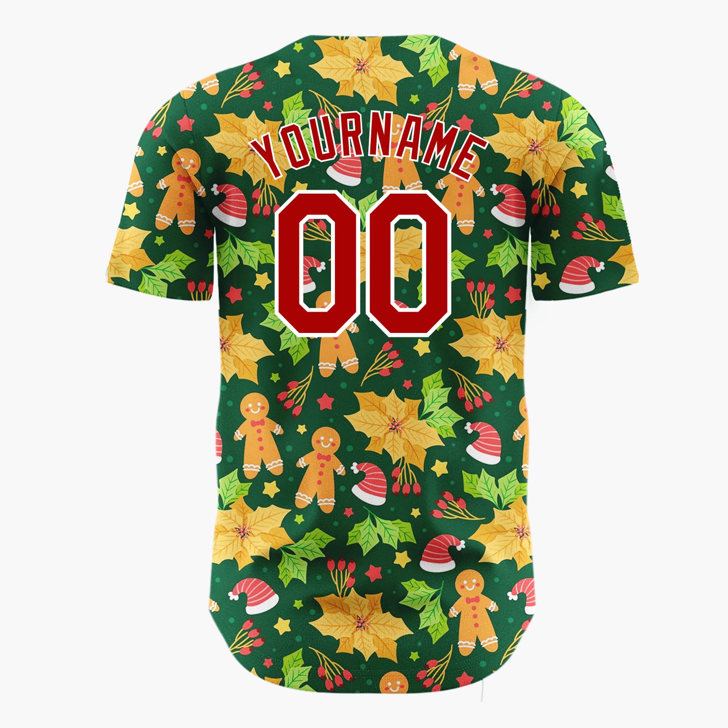 Custom Green Red Orange Gingerbread Hats And Holly Festive Christmas Baseball Jersey