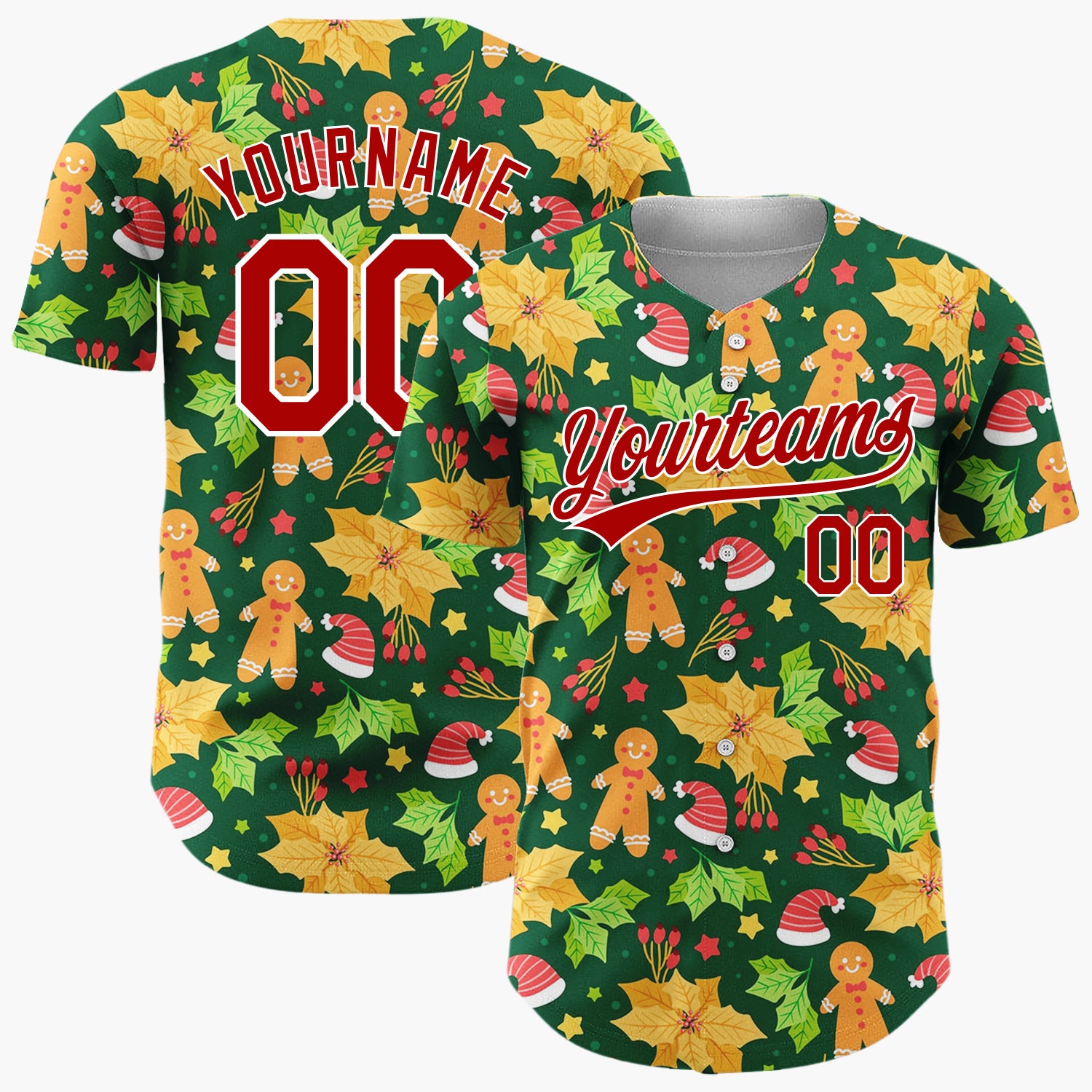 Custom Green Red Orange Gingerbread Hats And Holly Festive Christmas Baseball Jersey