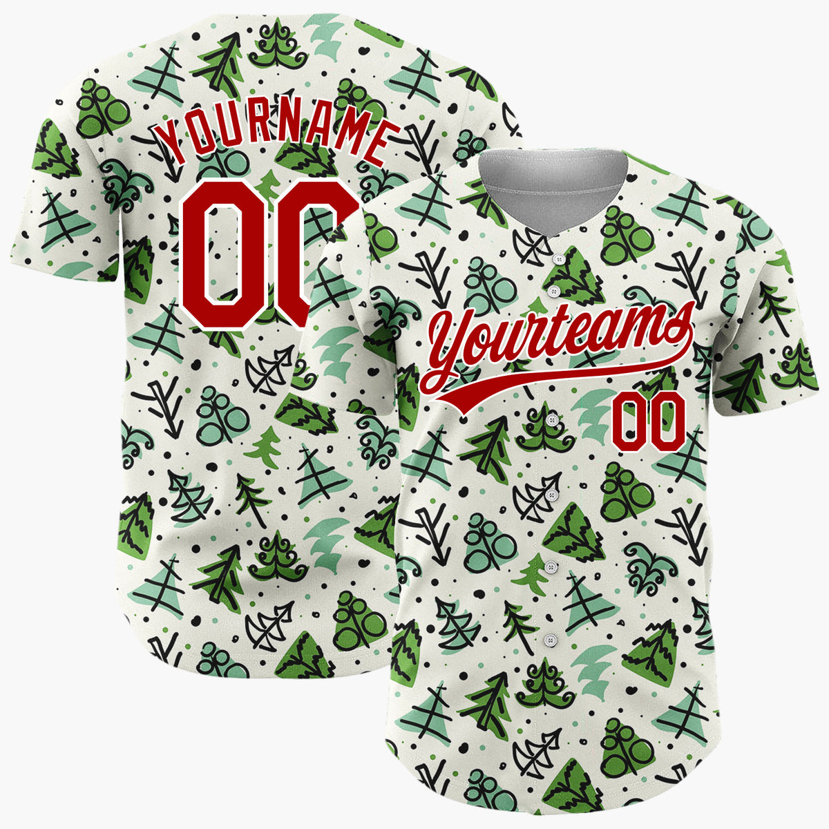 Custom Green Christmas Tree Branch Doodle Pattern Christmas Baseball Jersey