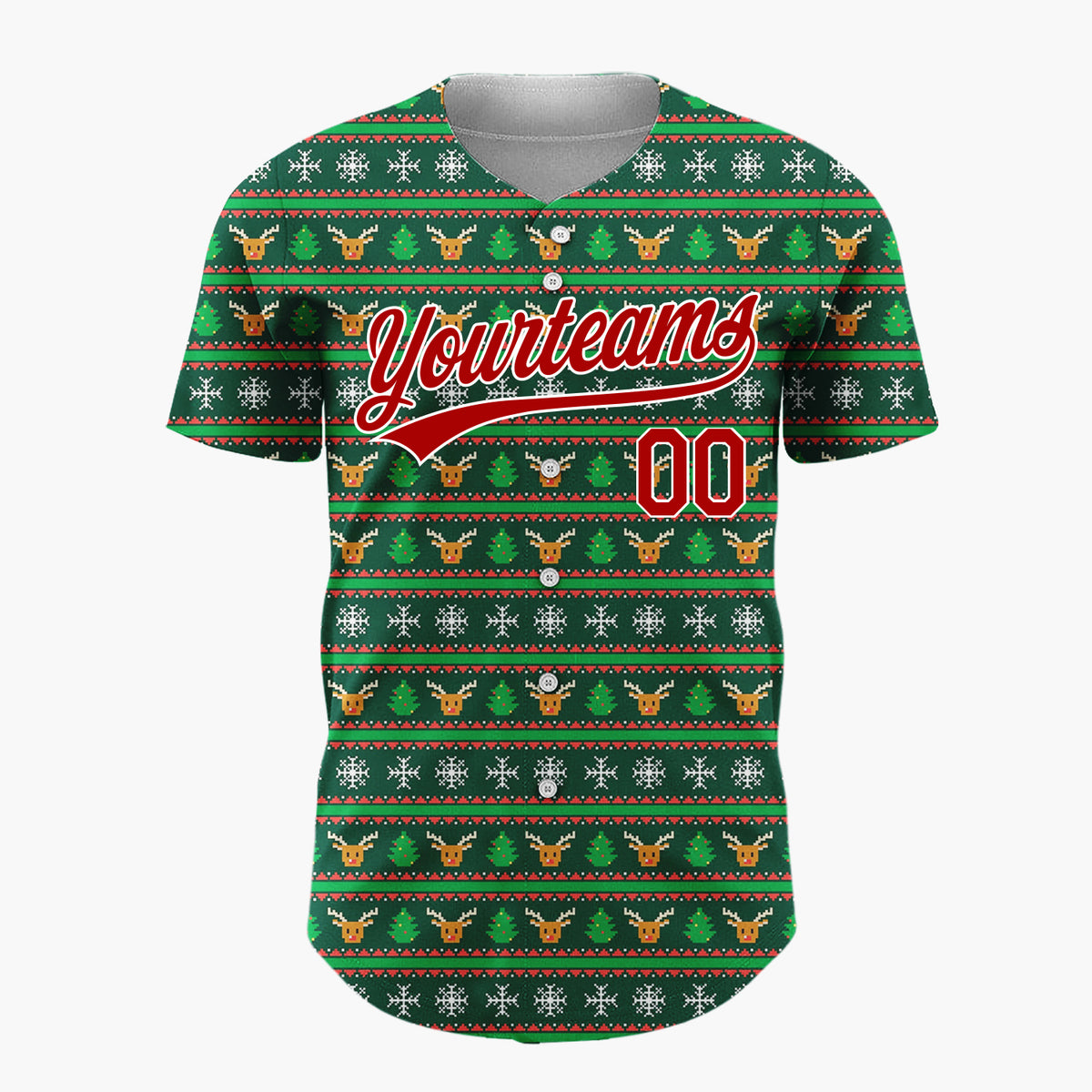 Custom Dark Green Red Orange Reindeer Nordic Knit Christmas Baseball Jersey