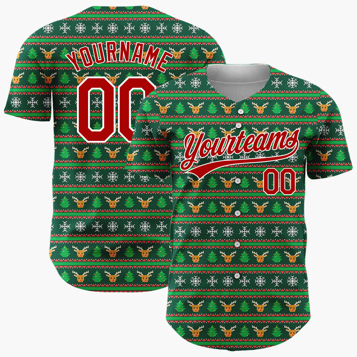 Custom Dark Green Red Orange Reindeer Nordic Knit Christmas Baseball Jersey