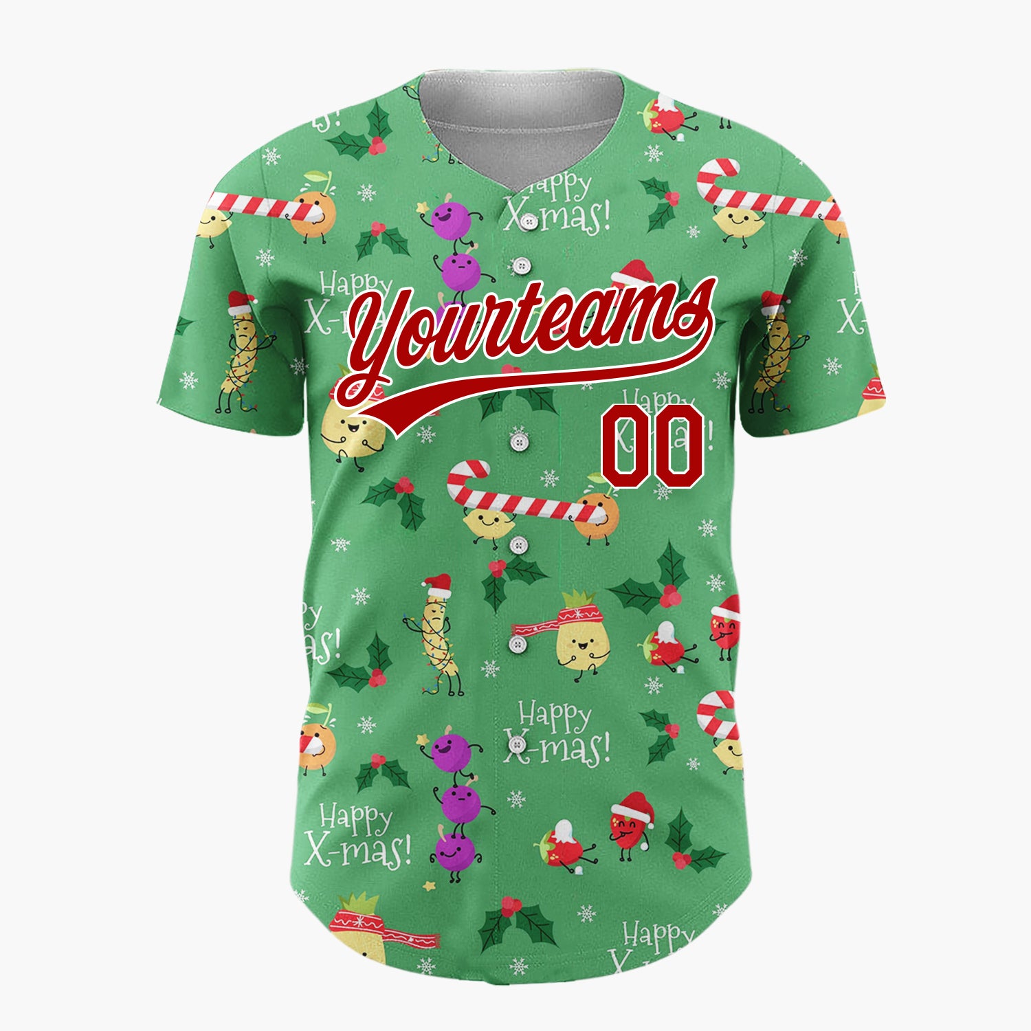 Custom Green Holiday Fruit Characters Playful Christmas Baseball Jersey