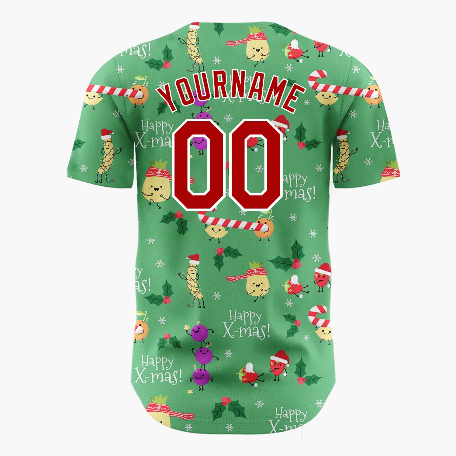 Custom Green Holiday Fruit Characters Playful Christmas Baseball Jersey