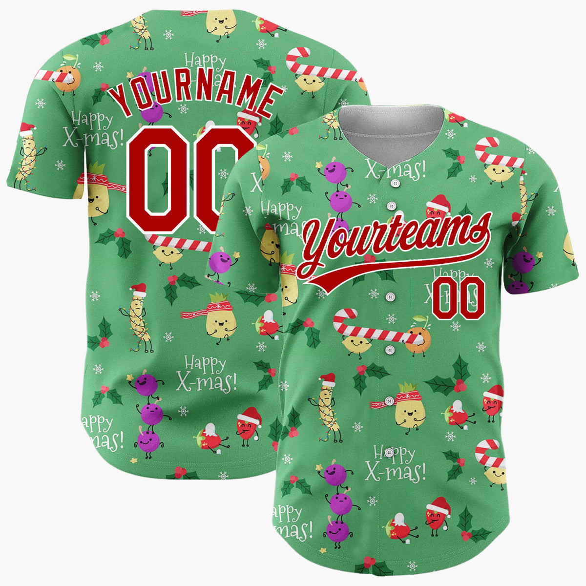Custom Green Holiday Fruit Characters Playful Christmas Baseball Jersey
