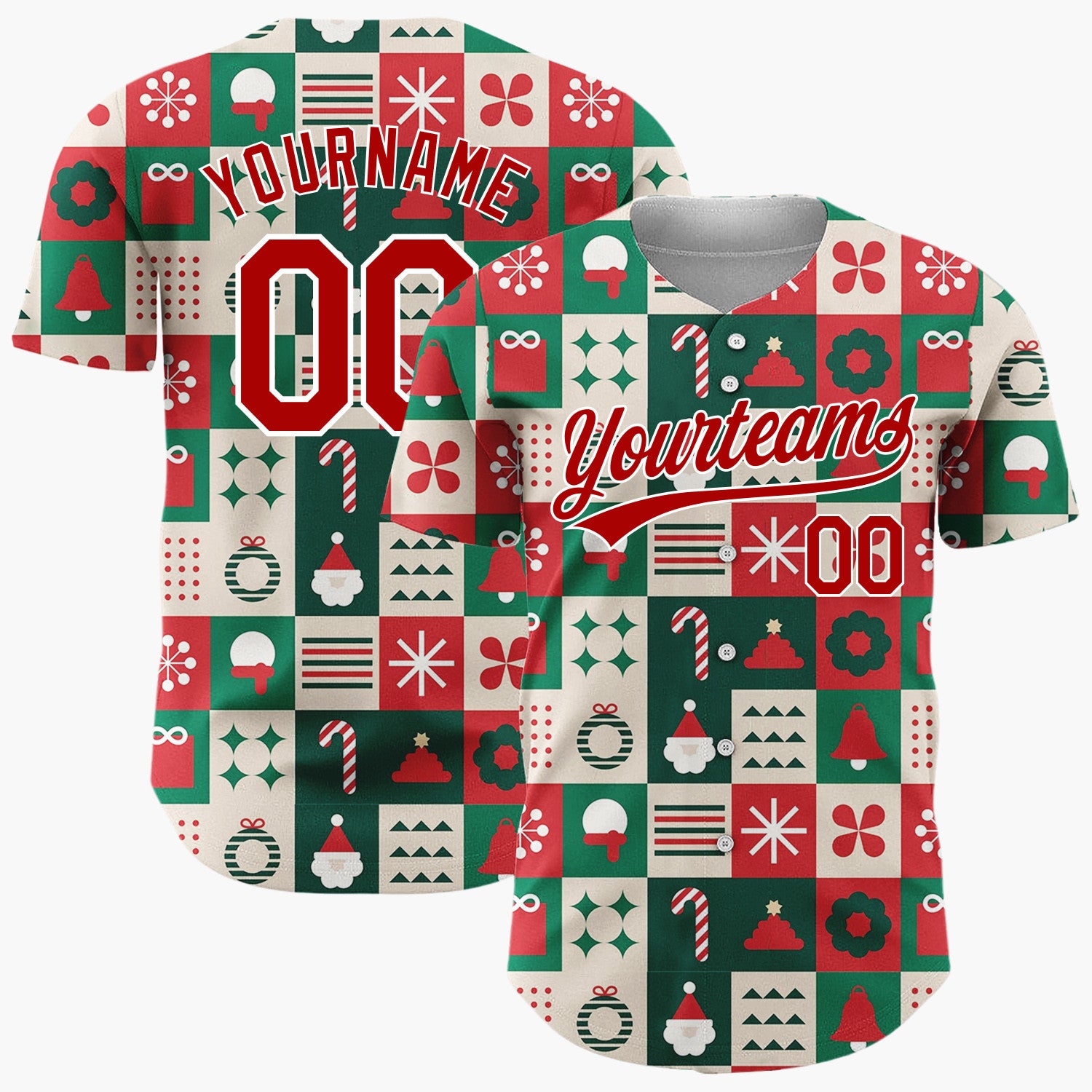 Custom Green Christmas Tiles Geometric Abstract Pattern Christmas Baseball Jersey