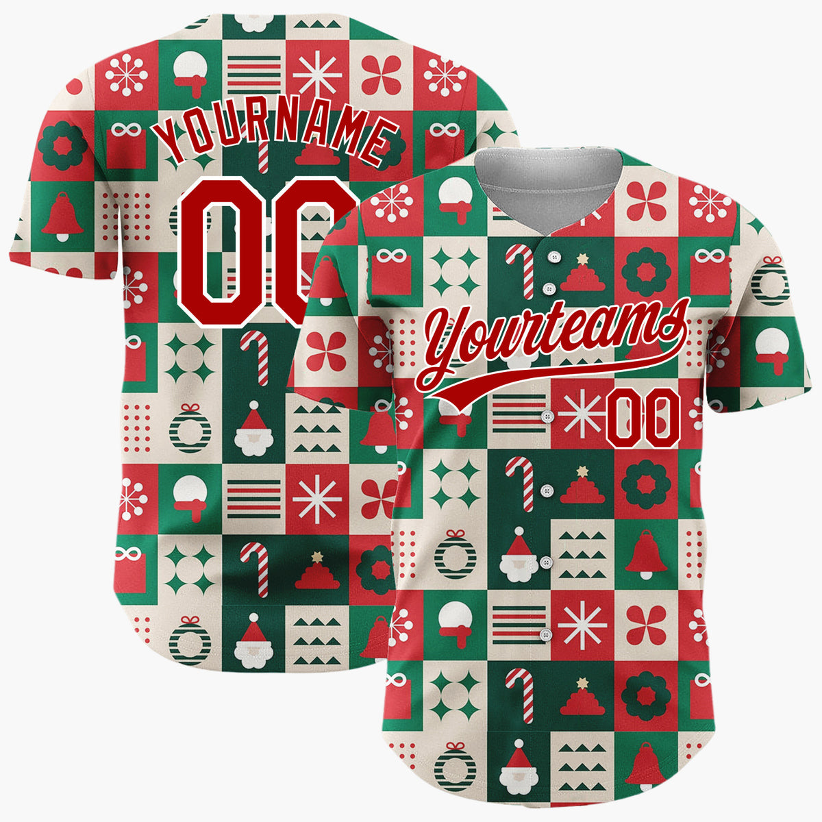 Custom Green Christmas Tiles Geometric Abstract Pattern Christmas Baseball Jersey