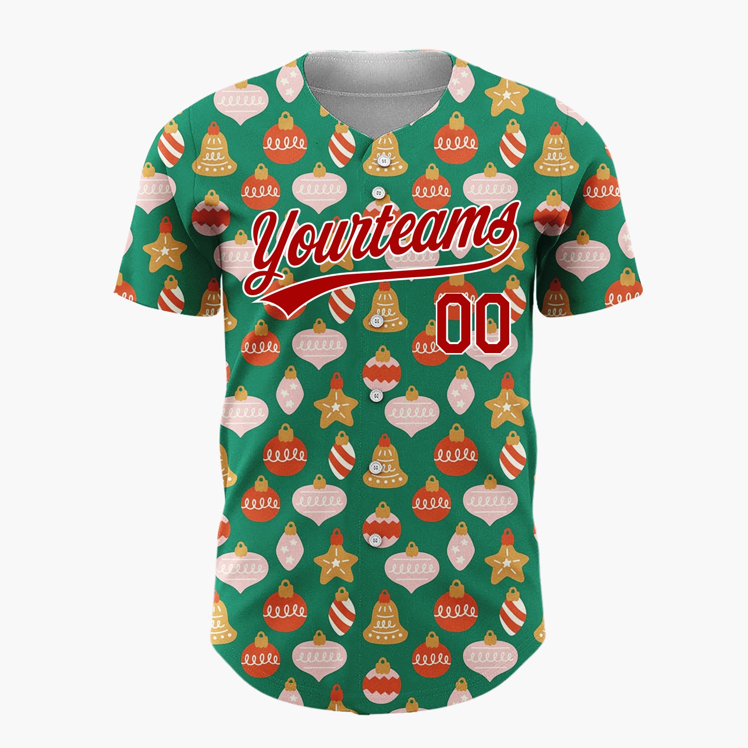 Custom Green Pink Gold Ornament Bell Star Abstract Pattern Christmas Baseball Jersey