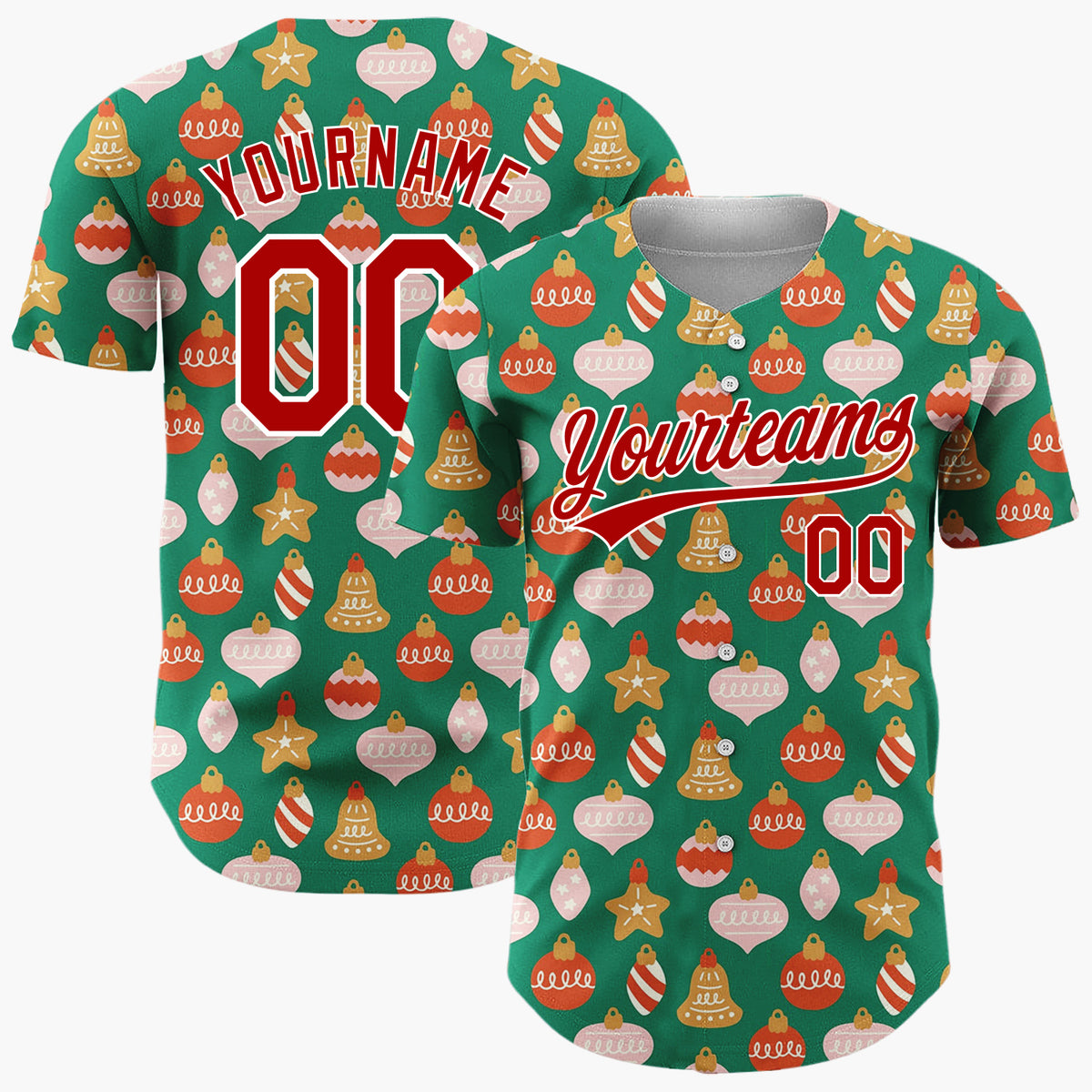 Custom Green Pink Gold Ornament Bell Star Abstract Pattern Christmas Baseball Jersey