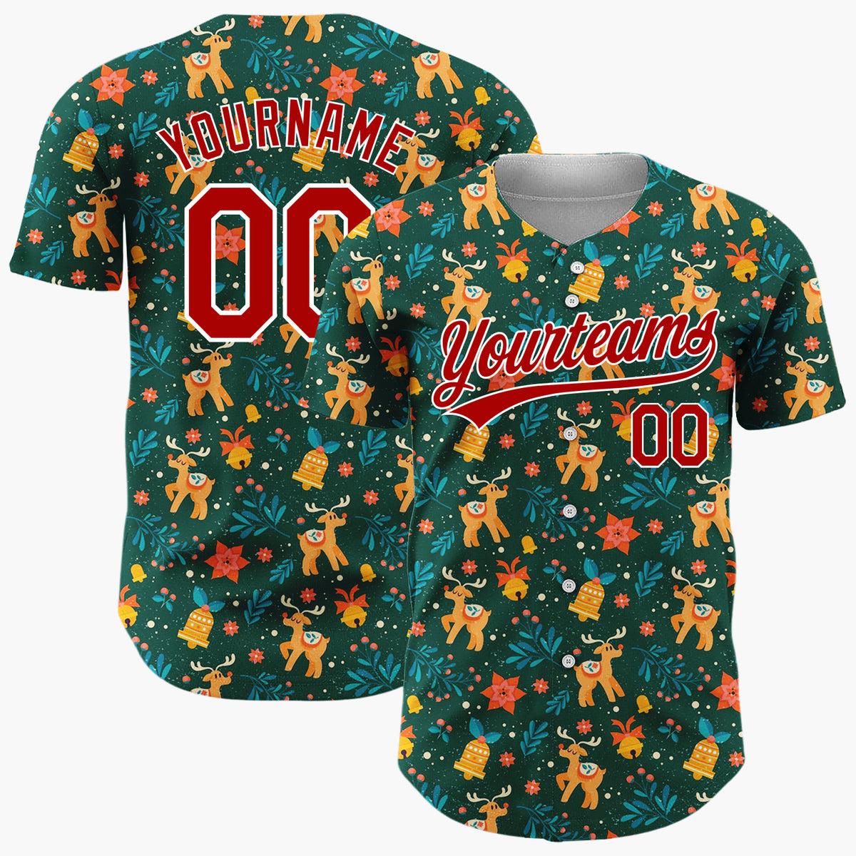 Custom Dark Green Reindeer Star Doodles Cartoon Pattern Christmas Baseball Jersey
