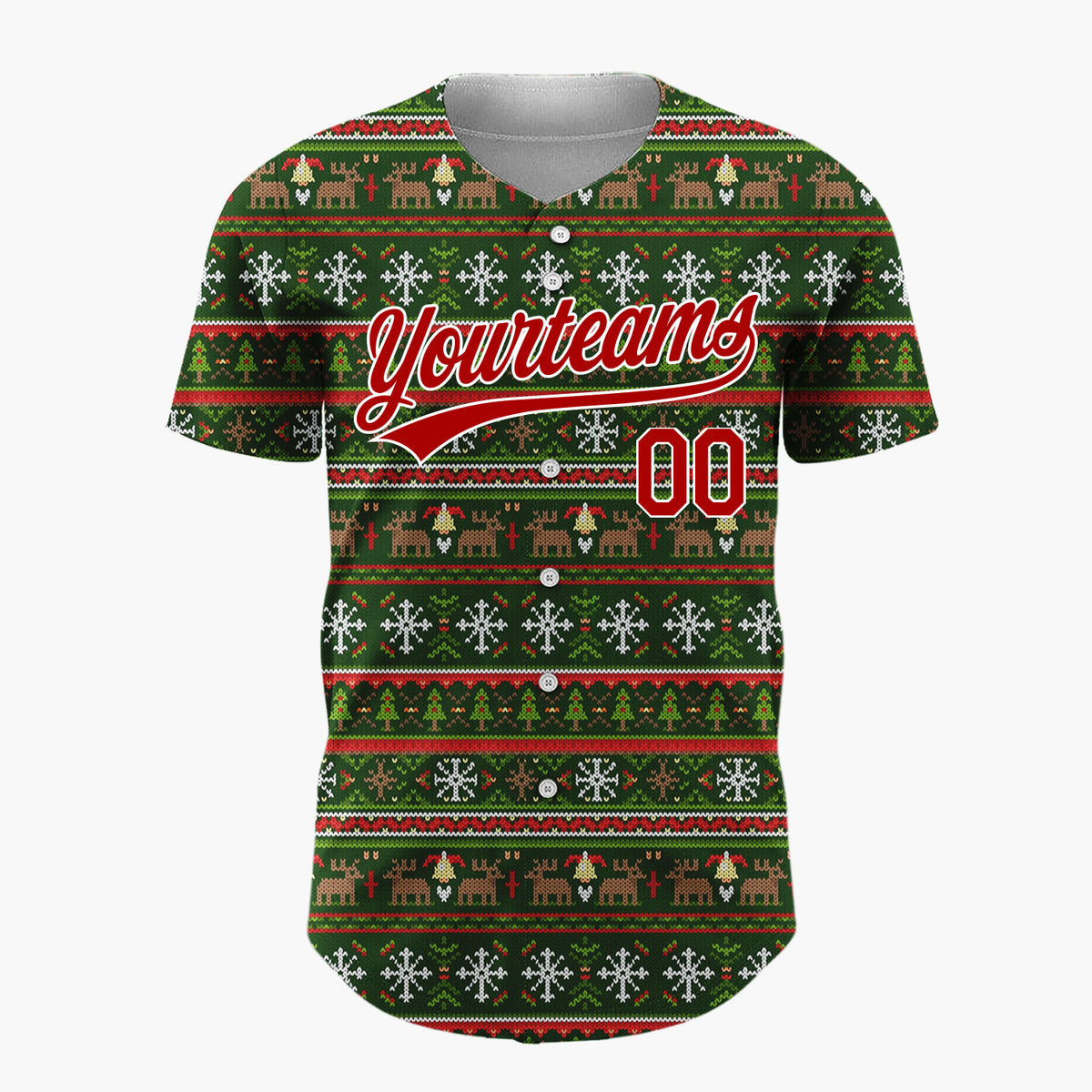 Custom Dark Green Reindeer Snowflakes And Trees Nordic Knit Christmas Baseball Jersey