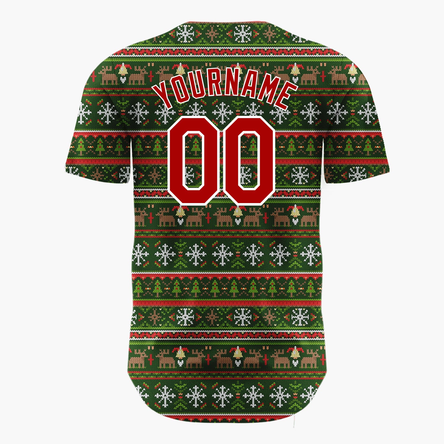 Custom Dark Green Reindeer Snowflakes And Trees Nordic Knit Christmas Baseball Jersey