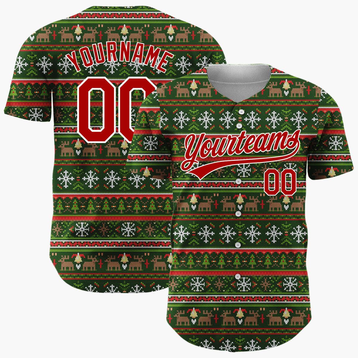 Custom Dark Green Reindeer Snowflakes And Trees Nordic Knit Christmas Baseball Jersey