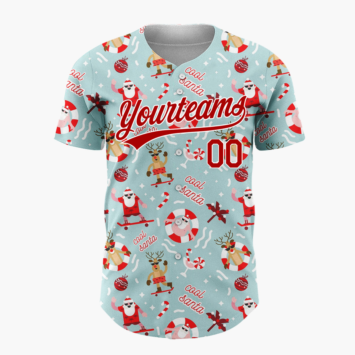 Custom Light Blue Red Surfing Santa Reindeer Beach Christmas Baseball Jersey