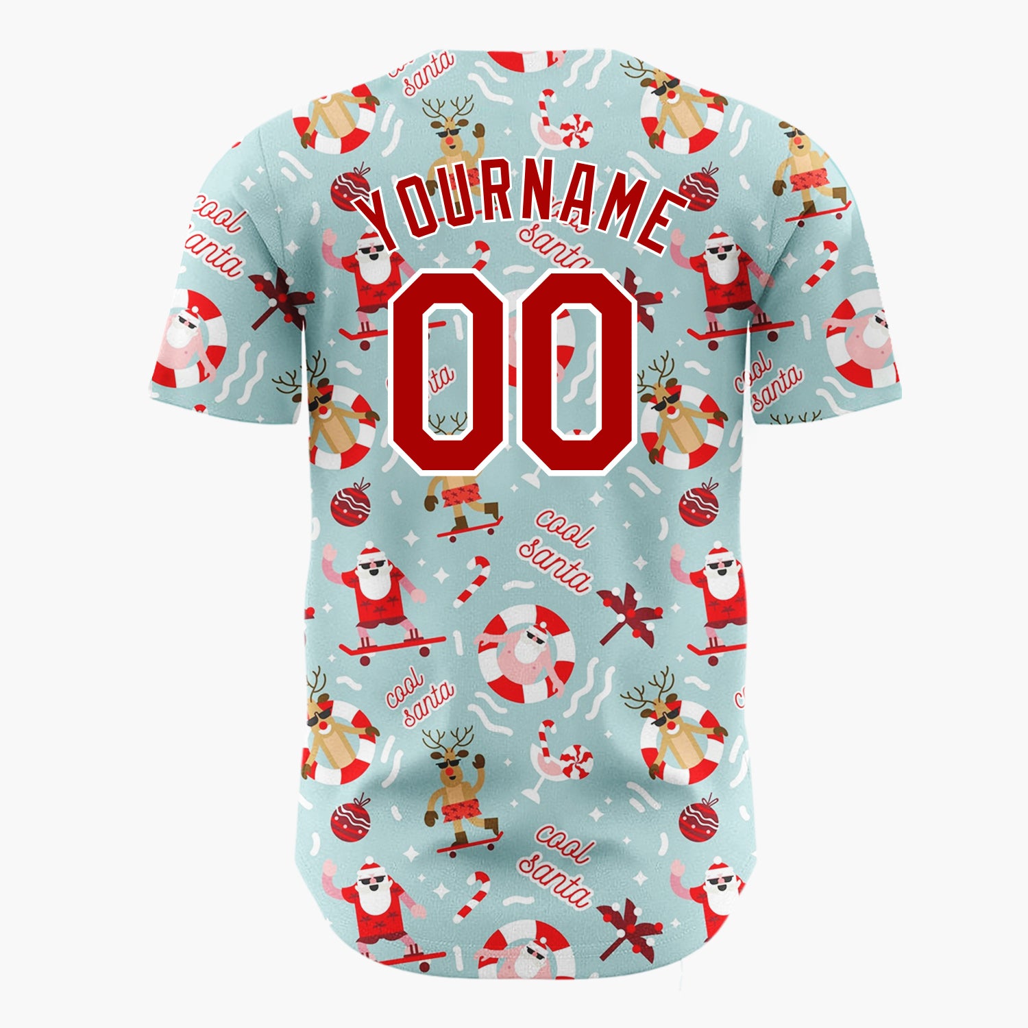 Custom Light Blue Red Surfing Santa Reindeer Beach Christmas Baseball Jersey