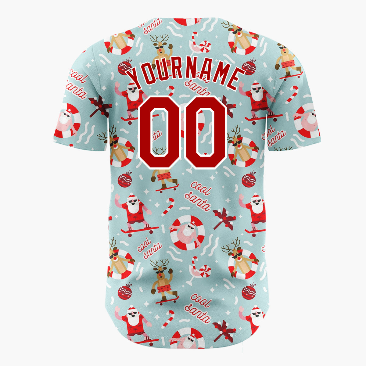 Custom Light Blue Red Surfing Santa Reindeer Beach Christmas Baseball Jersey