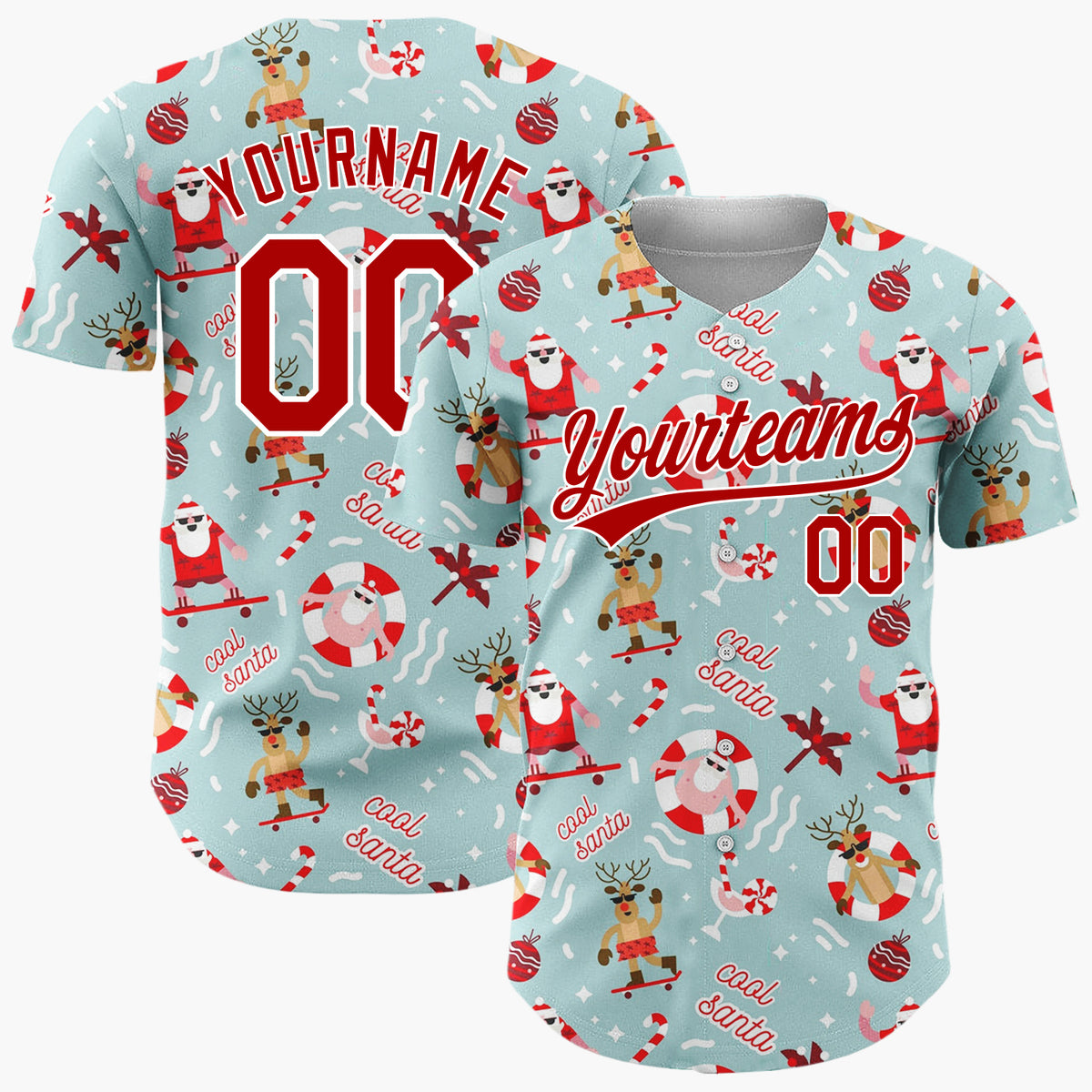 Custom Light Blue Red Surfing Santa Reindeer Beach Christmas Baseball Jersey