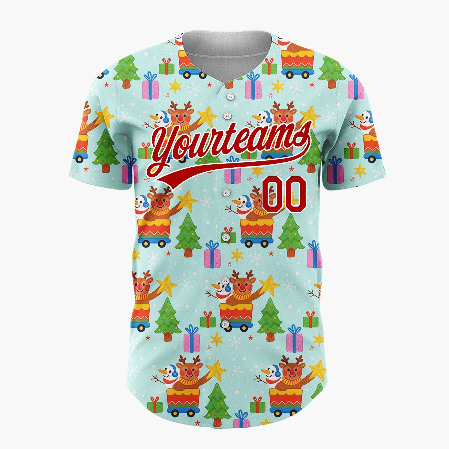 Custom Light Blue Reindeers And Snowmen Train Merry Christmas Baseball Jersey