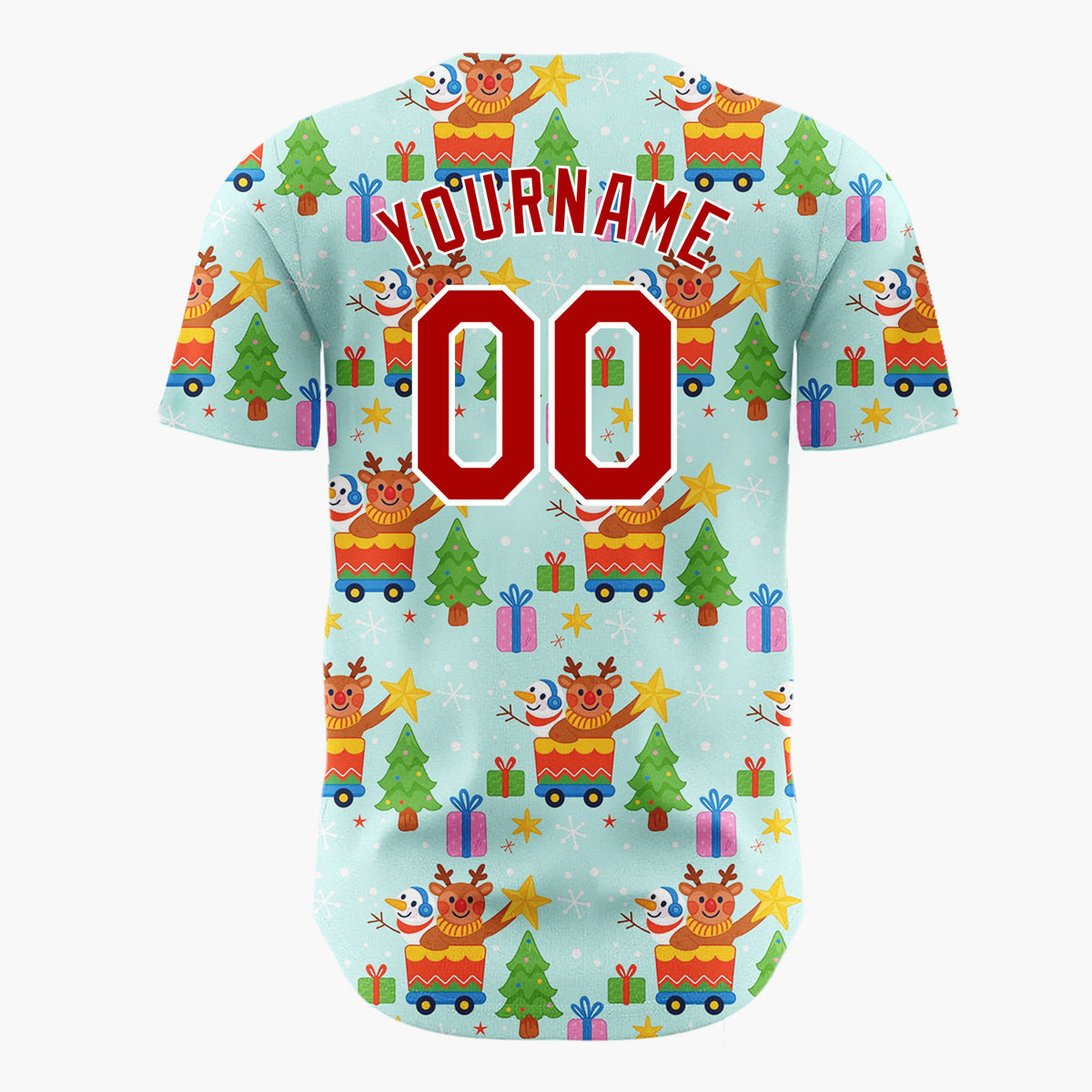 Custom Light Blue Reindeers And Snowmen Train Merry Christmas Baseball Jersey
