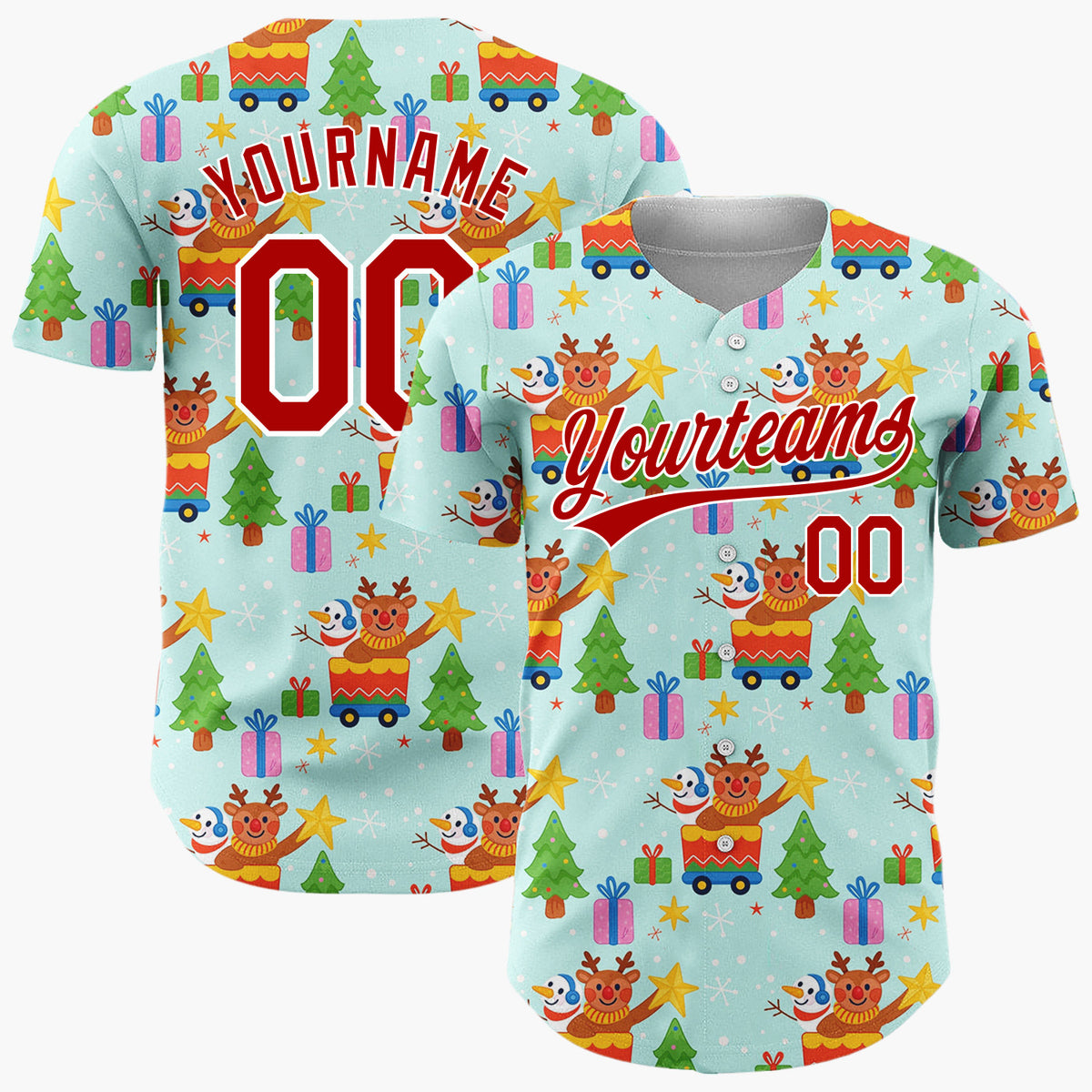Custom Light Blue Reindeers And Snowmen Train Merry Christmas Baseball Jersey