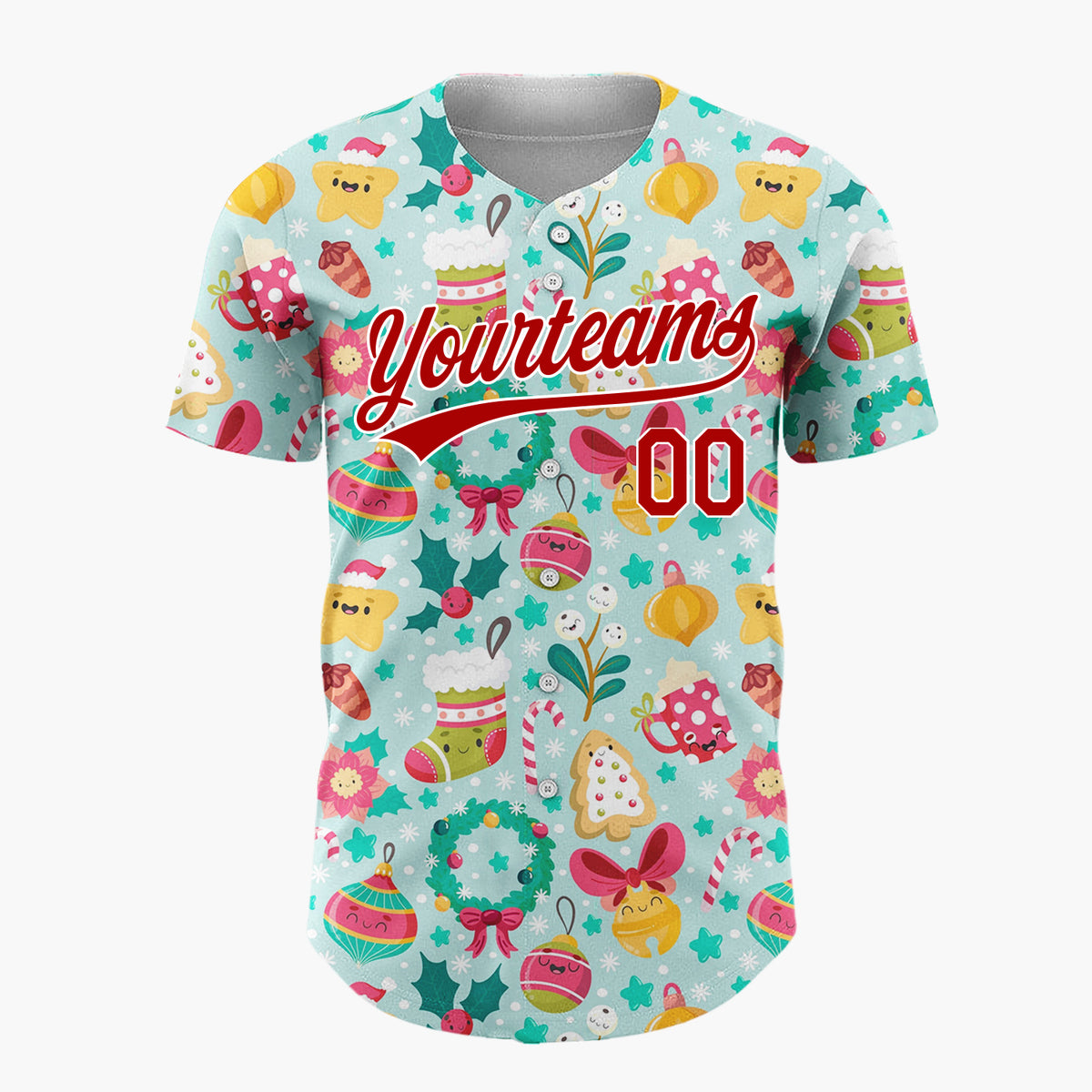 Custom Light Blue Cute Ornaments And Treats Christmas Kawaii Pattern Christmas Baseball Jersey