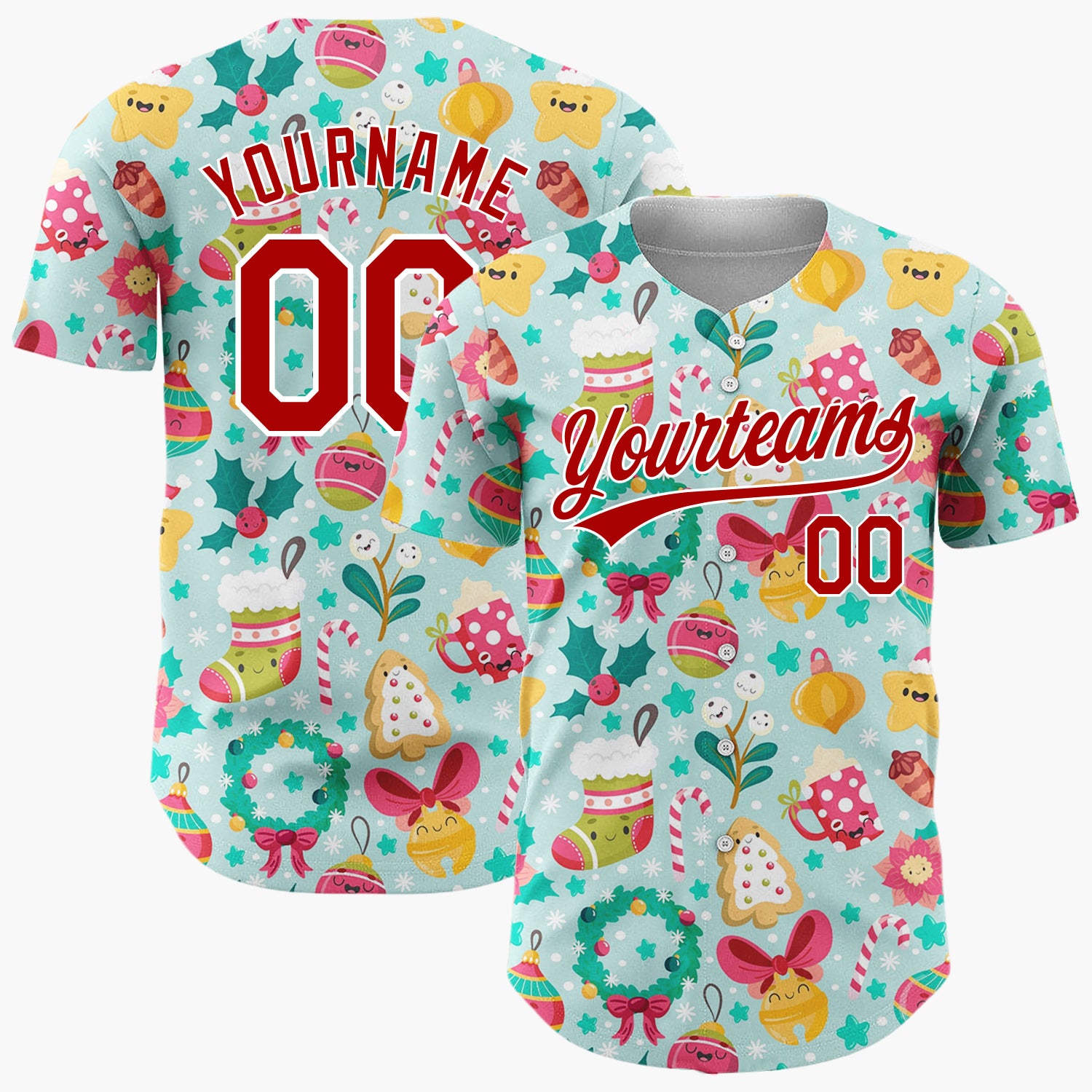 Custom Light Blue Cute Ornaments And Treats Christmas Kawaii Pattern Christmas Baseball Jersey