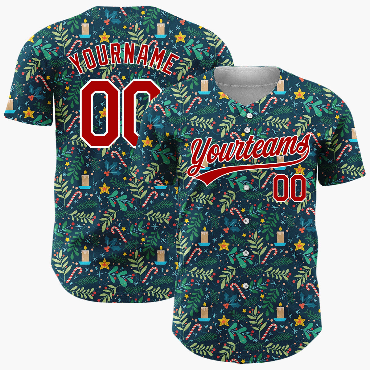 Custom Dark Green Christmas Foliage Deer Minimalist Pattern Christmas Baseball Jersey