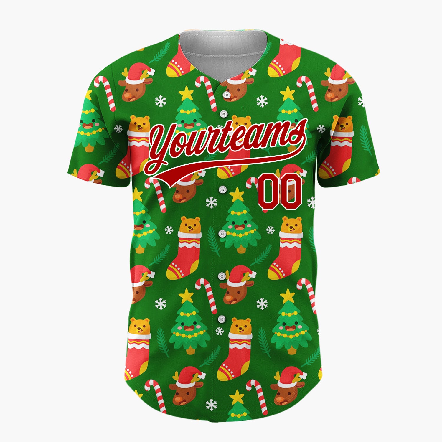 Custom Dark Green Festive Bear Christmas Elements Pattern Christmas Baseball Jersey