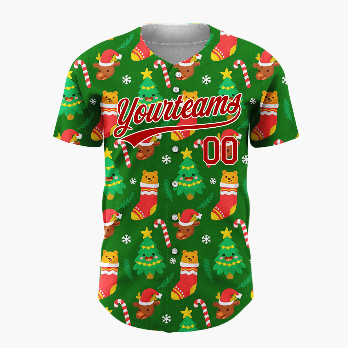 Custom Dark Green Festive Bear Christmas Elements Pattern Christmas Baseball Jersey