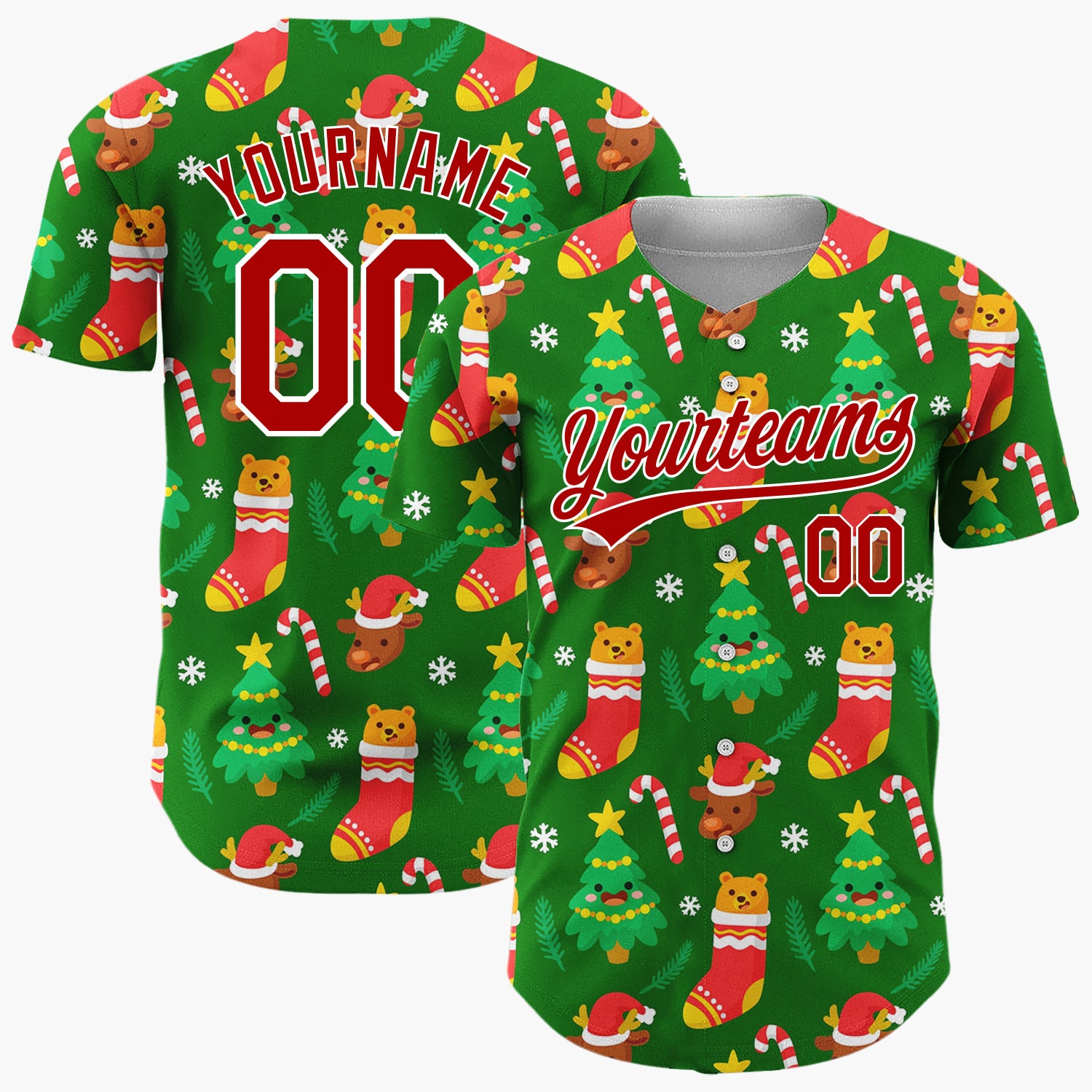 Custom Dark Green Festive Bear Christmas Elements Pattern Christmas Baseball Jersey