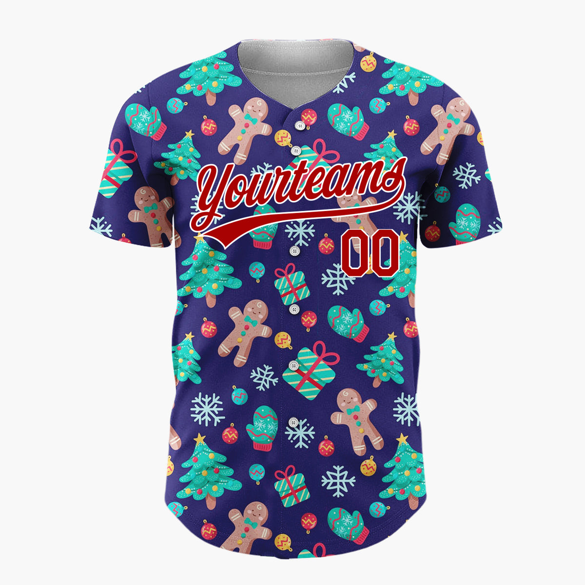 Custom Dark Blue Green Red Gingerbread Man And Tree Christmas Baseball Jersey