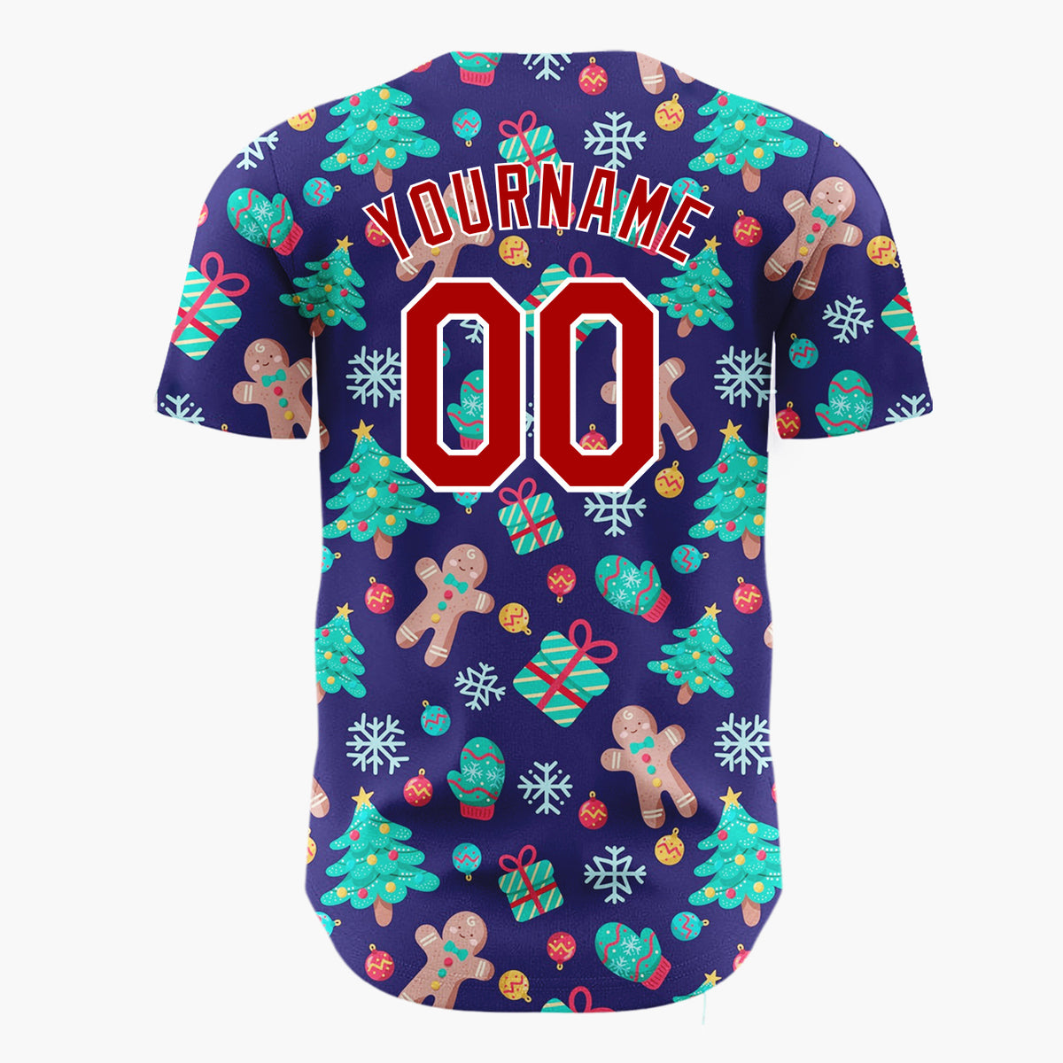Custom Dark Blue Green Red Gingerbread Man And Tree Christmas Baseball Jersey