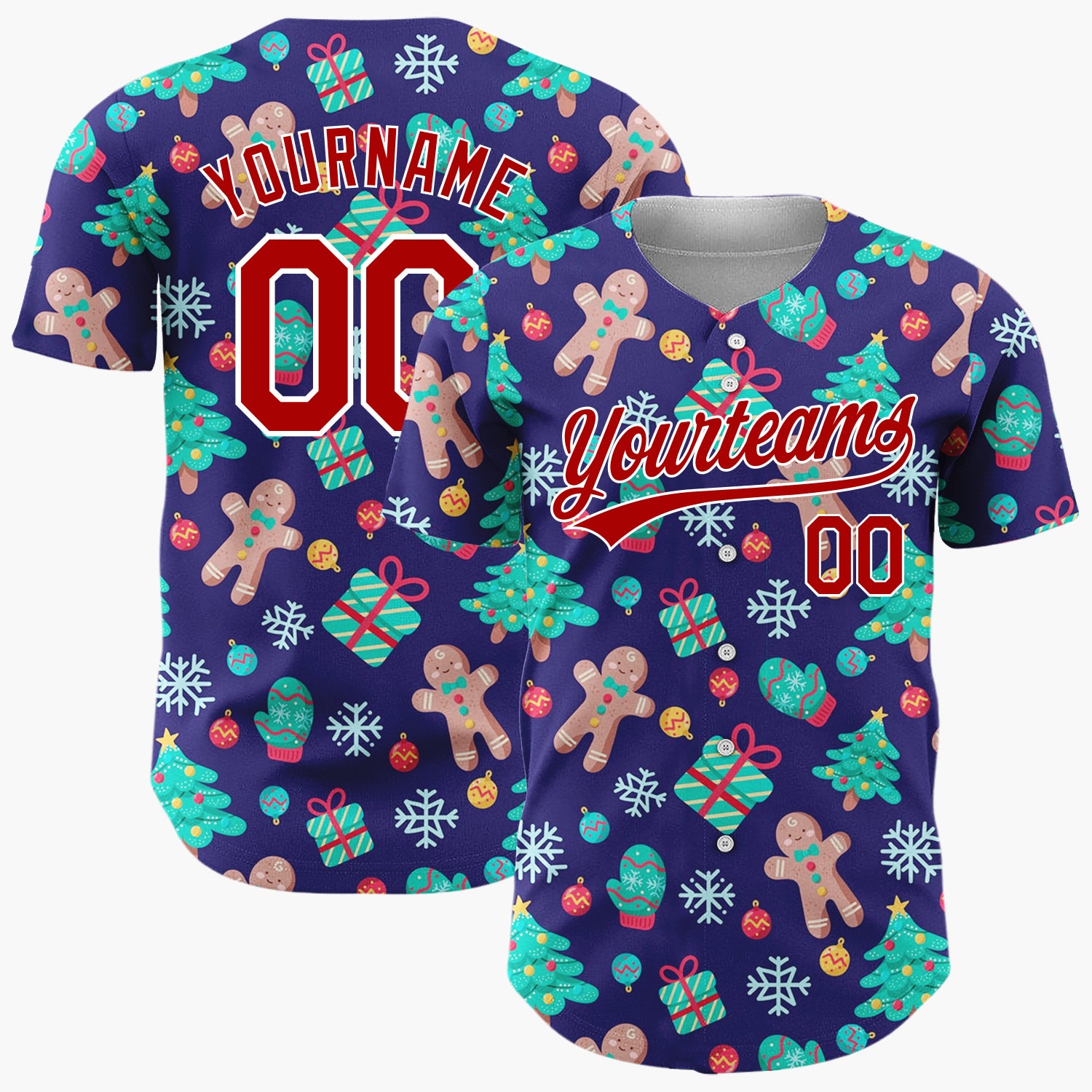 Custom Dark Blue Green Red Gingerbread Man And Tree Christmas Baseball Jersey