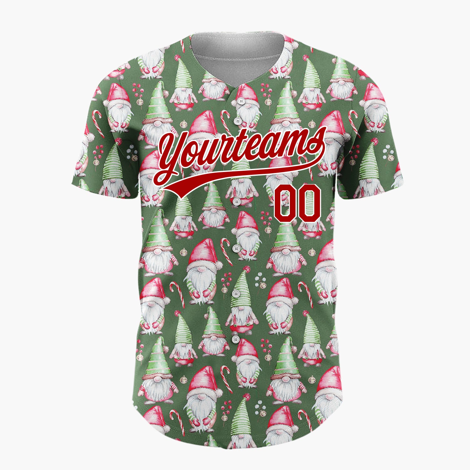 Custom Dark Green Gnomes And Candy Canes Watercolor Christmas Baseball Jersey