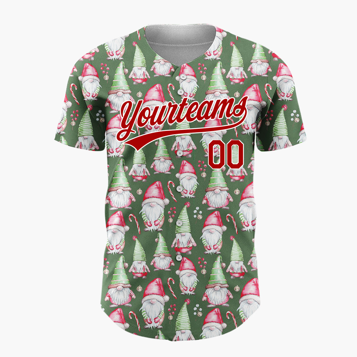 Custom Dark Green Gnomes And Candy Canes Watercolor Christmas Baseball Jersey